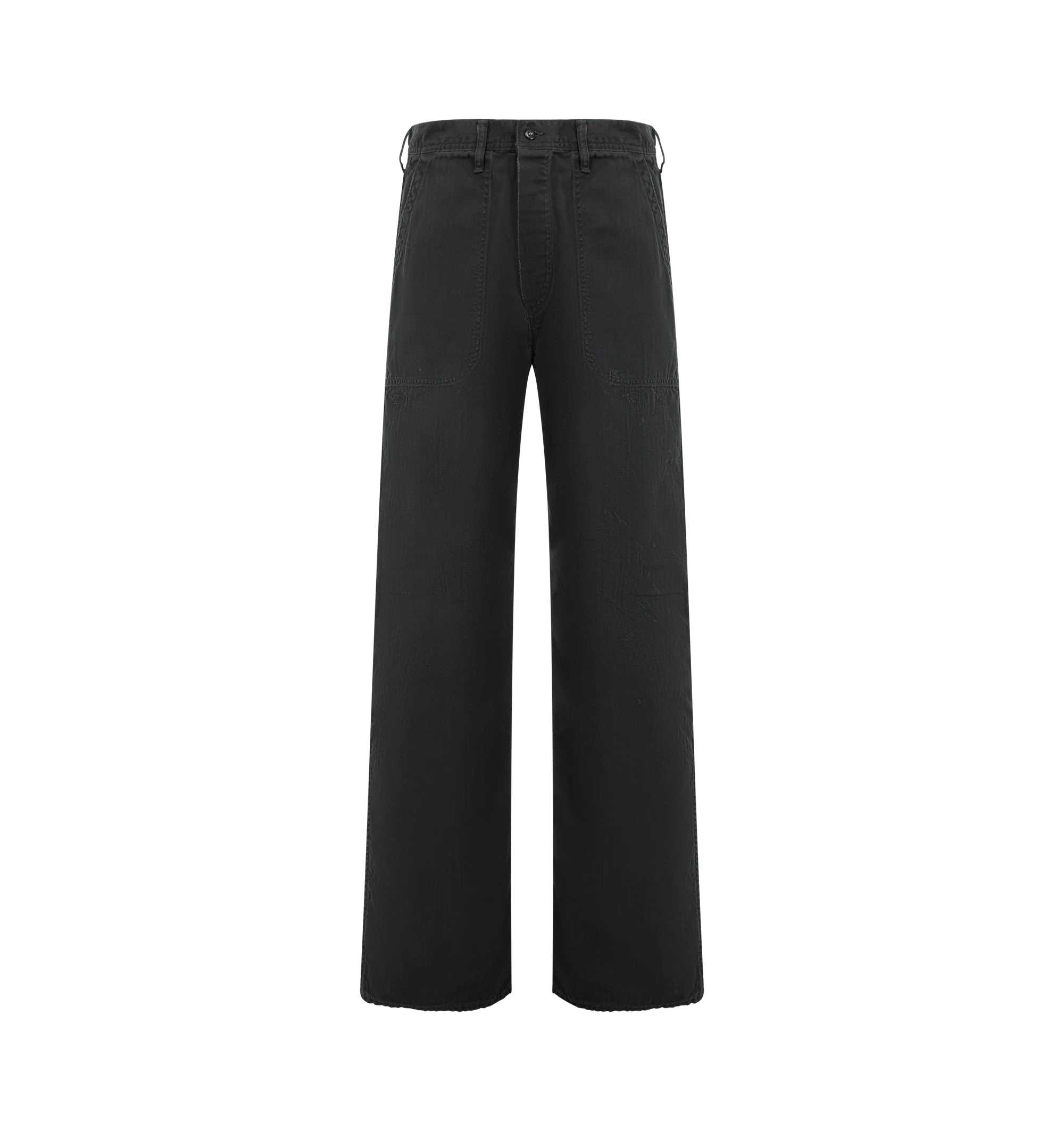 Image 1 of 3 - BLACK - FULLCOUNT USN Herringbone Seamen's Trousers VE featuring ozone fading and painted stains, belt loops at waist, 4 pocket style and relaxed fit. 100% cotton. Made in Japan.