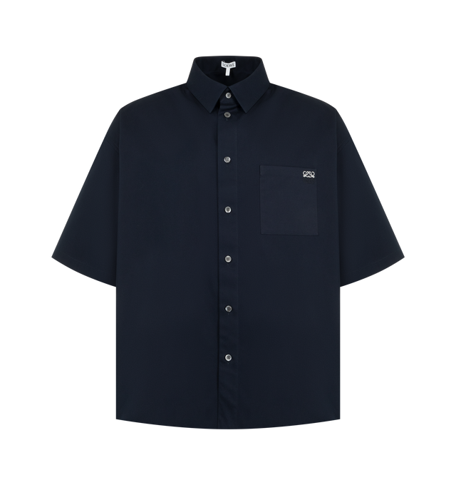 Image 1 of 2 - BLUE - Loewe Mens Brushed Cotton Twill Shirt is crafted from medium-weight brushed cotton twill. Features a boxy fit, regular length, classic collar, button-front fastening, side slits, and two-tone Anagram embroidery at the front. Main Material: Cotton. Made in Italy.