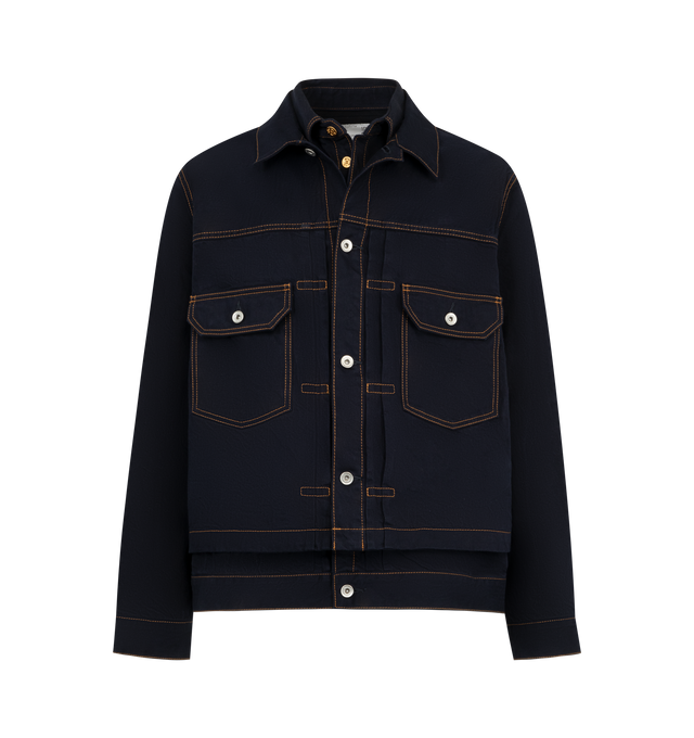 Image 1 of 4 - BLUE - Sacai Mens Denim Jacket is crafted from cotton denim. Features a button-front closure, long sleeves, buttoned cuffs, and chest pockets. Main Material: Cotton. Made in Japan.