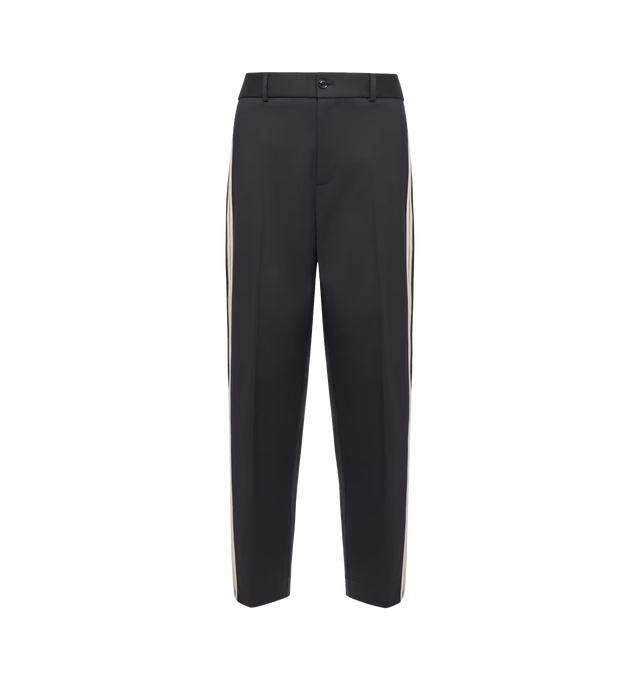 Image 1 of 1 - NAVY - Moncler Mens Cotton Nylon Pants are crafted from a stretch cotton and nylon blend. Features an internal drawstring waistband, zip and button closure, side pockets, back welt pockets, side stripes, and logo patch. Exterior: 50% Cotton, 46% Polyamide/Nylon, 4% Elastane/Spandex. Made in Romania.