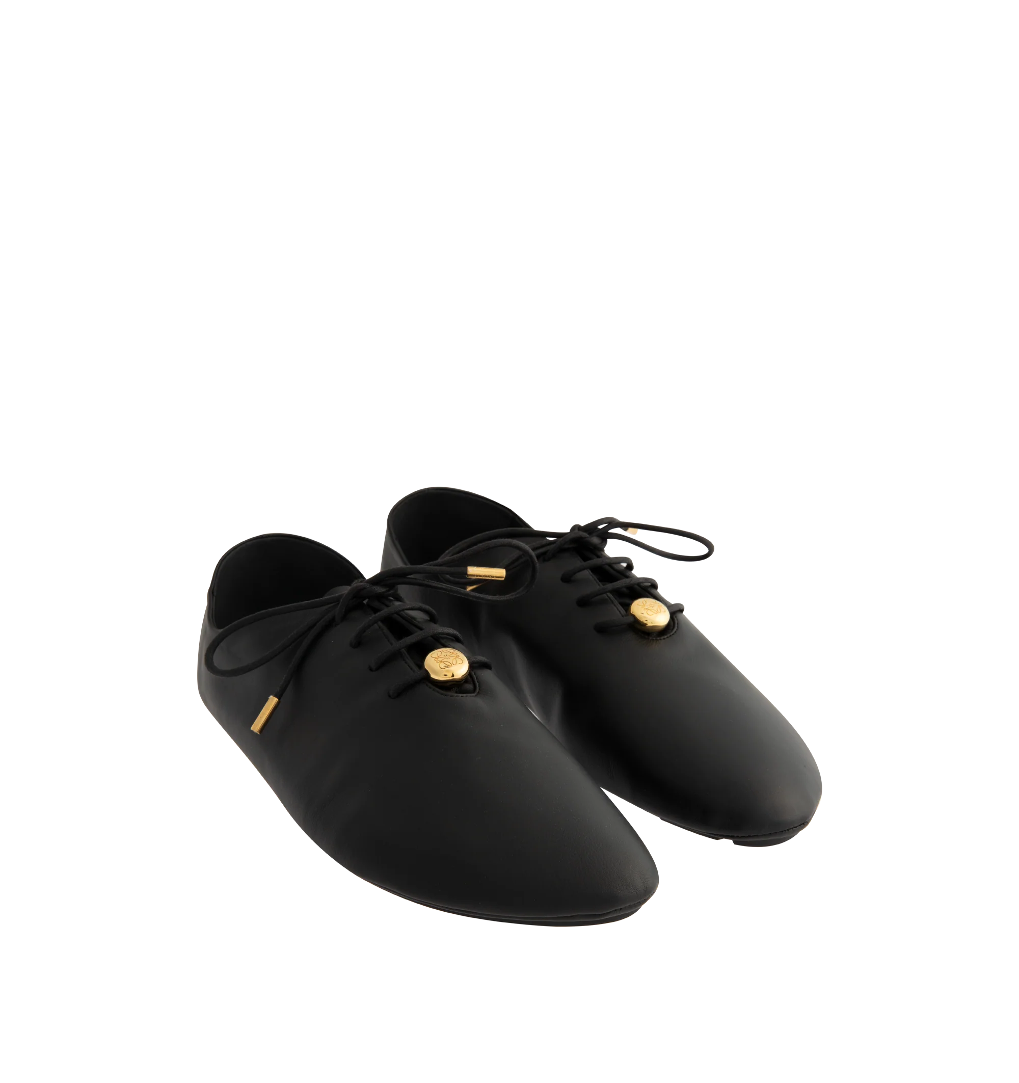 Image 2 of 5 - BLACK - Loewe Womens Nappa Calf Lace-Up Shoes are crafted from nappa calfskin. Features a lace-up closure, extra padding, asymmetric toe shape, tonal laces with metallic tips, metallic Pebble with engraved Anagram detail on the bottom lace, lambskin lining, printed LOEWE insole, and injected rubber outsole with cut-out Anagram signature. Main Material: Nappa Calf. Made in Italy.