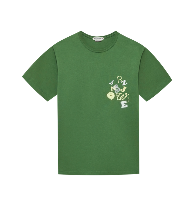Image 1 of 1 - GREEN - JW Anderson Women's Scattered Letters T-Shirt in green cotton jersey. A classic crewneck design. Features scattered lettered, spelling out JW ANDERSON, each featured in a different embroidery style. 100% Cotton. Made in Portugal.