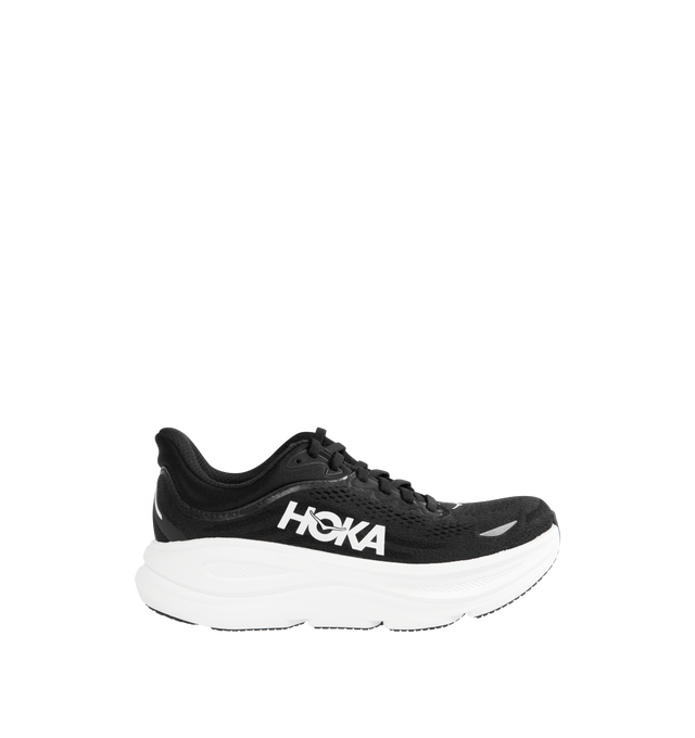 Image 1 of 5 - BLACK - HOKA W Bondi 9 Sneaker featuring performance mesh upper, cushioned collar and tongue, removable contoured insole, supportive midsole, textile lining, lace-up closure, round toe and rubber sole.