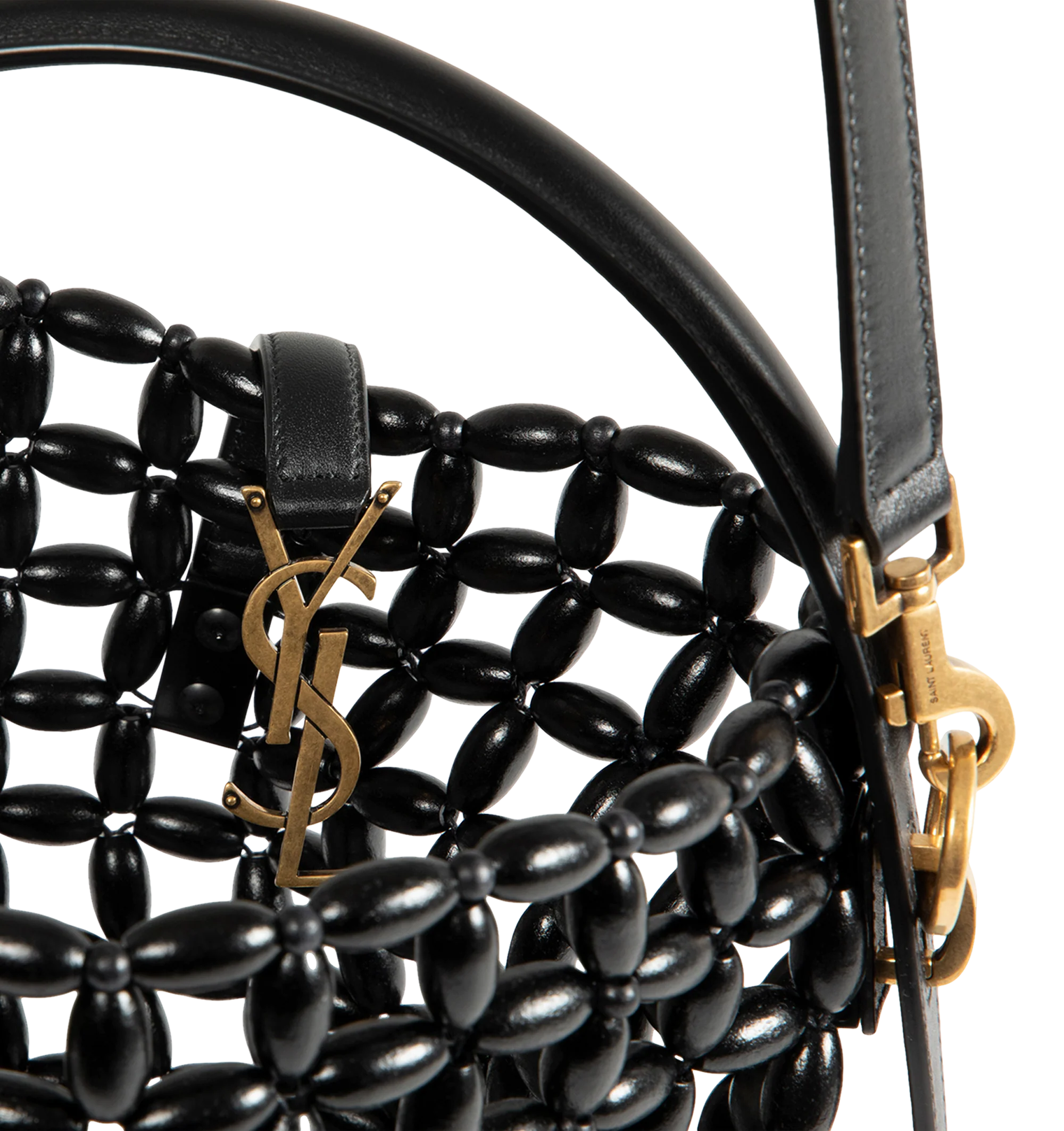 Image 3 of 3 - BLACK - Saint Laurent Womens Le 37 Bucket Bag is crafted from wooden beads. Features an open-work design, top handle, adjustable and removable crossbody strap, YSL strap closure, interior zip pouch, and bronze-tone hardware. Dimensions: 17  20  13 cm. Main Material: Wooden Beads; Hardware: Bronze-Tone Metal. Made in Italy. 