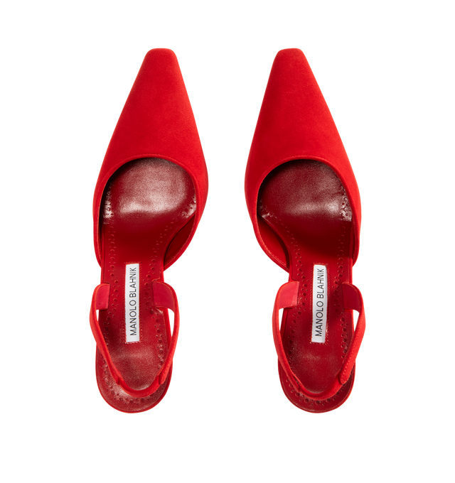 Image 4 of 4 - RED - MANOLO BLAHNIK Borelapla Slingback Pump featuring suede upper, point toe, elasticated slingback strap, leather insole and leather sole. Heel measures 90mm. Made in Italy. 