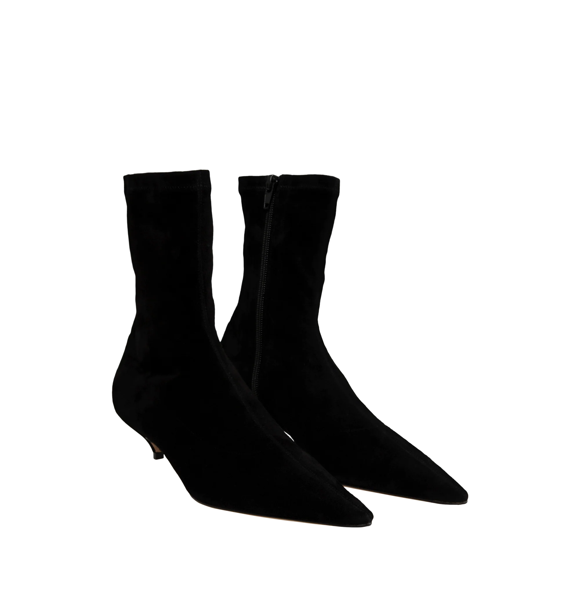 Image 2 of 4 - BLACK - The Row Women's Liisa Kitten Booties are crafted from soft lambskin suede and feature a pointed toe, side zip closure, and a refined kitten heel for an elegant, minimalist silhouette. These designer suede ankle boots combine exceptional Italian craftsmanship with timeless sophistication, making them a versatile choice for effortless day-to-evening styling. Main Material: 100% Lambskin Suede. Sole: Leather. Heel Height: 1.38 in. Made in Italy. 