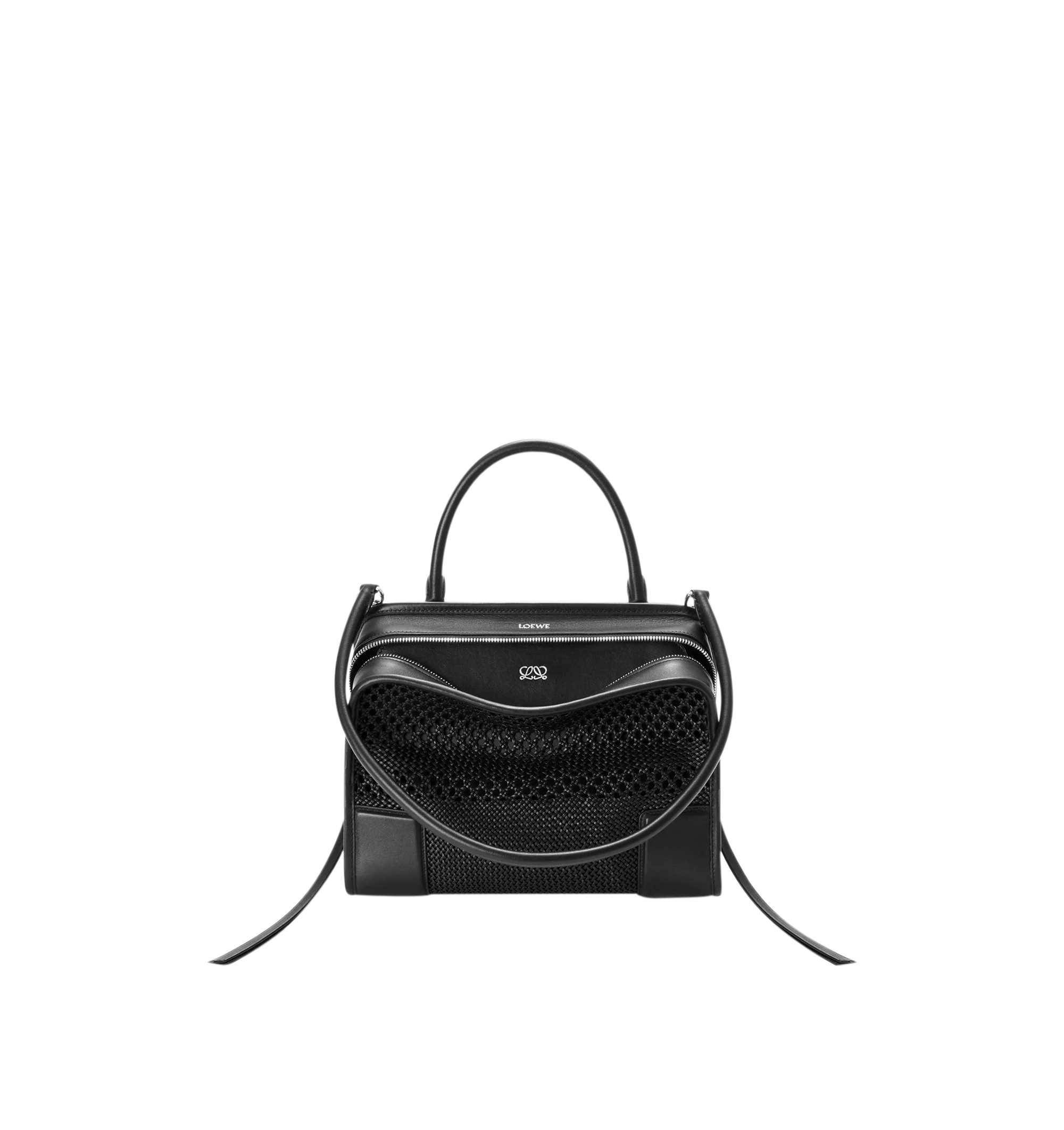 Image 2 of 14 - BLACK - Loewe Women's Medium Amazona 180 Bag is crafted from woven nappa calfskin and features a relaxed silhouette inspired by one of the house's iconic designs. Designed with a single Toron top handle and removable shoulder strap, it can be carried by hand, over the shoulder, or crossbody. A concealed magnetic closure, zip fastening with dual leather pullers, two compartments, an internal flat pocket, and a side D-ring provide functional organization. Finished with palladium-tone hardware,