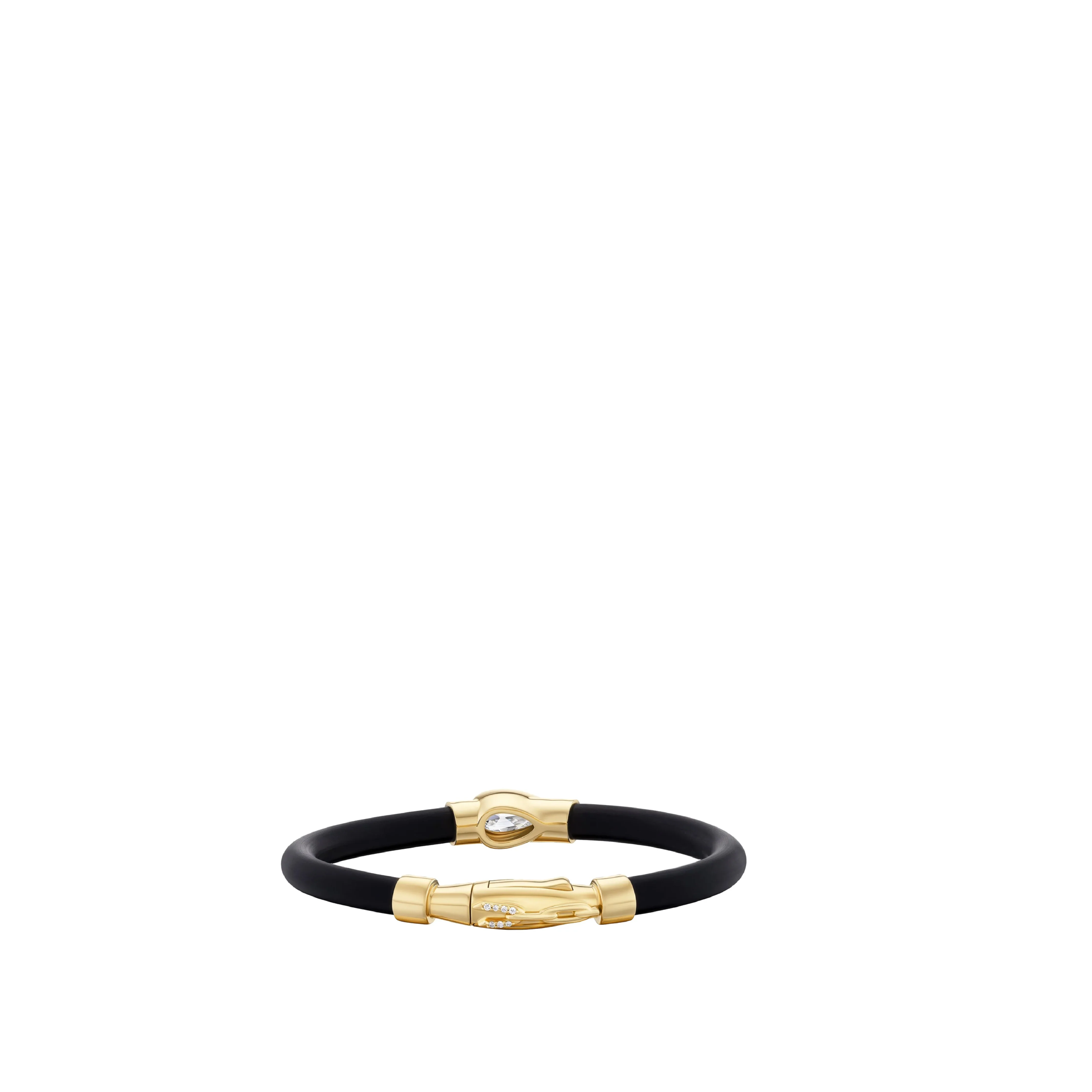Image 2 of 3 - GOLD - Uniform Object Carbon Bracelet featuring 14 g of 18K yellow gold with a 1.01 ct pear brilliant diamond and 0.20 TCW round diamond accents. Handcrafted in New York City. Features an Italian-made hypoallergenic rubber band designed for comfort and durability. Cheap Luxury Handbag Shop offers a range of pieces from this collection in-store. For personal consultation and detailed information about jewelry, please contact our dedicated stylist team at personalshopping@hirshleifers.com. 