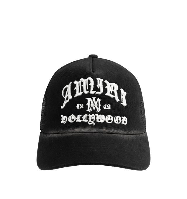 Image 1 of 3 - BLACK - AMIRI Hollywood Embroidered Trucker Hat featuring sun-faded cotton trucker hat, gothic embroidery and adjustable snapback strap. 100% cotton. Made in the USA.