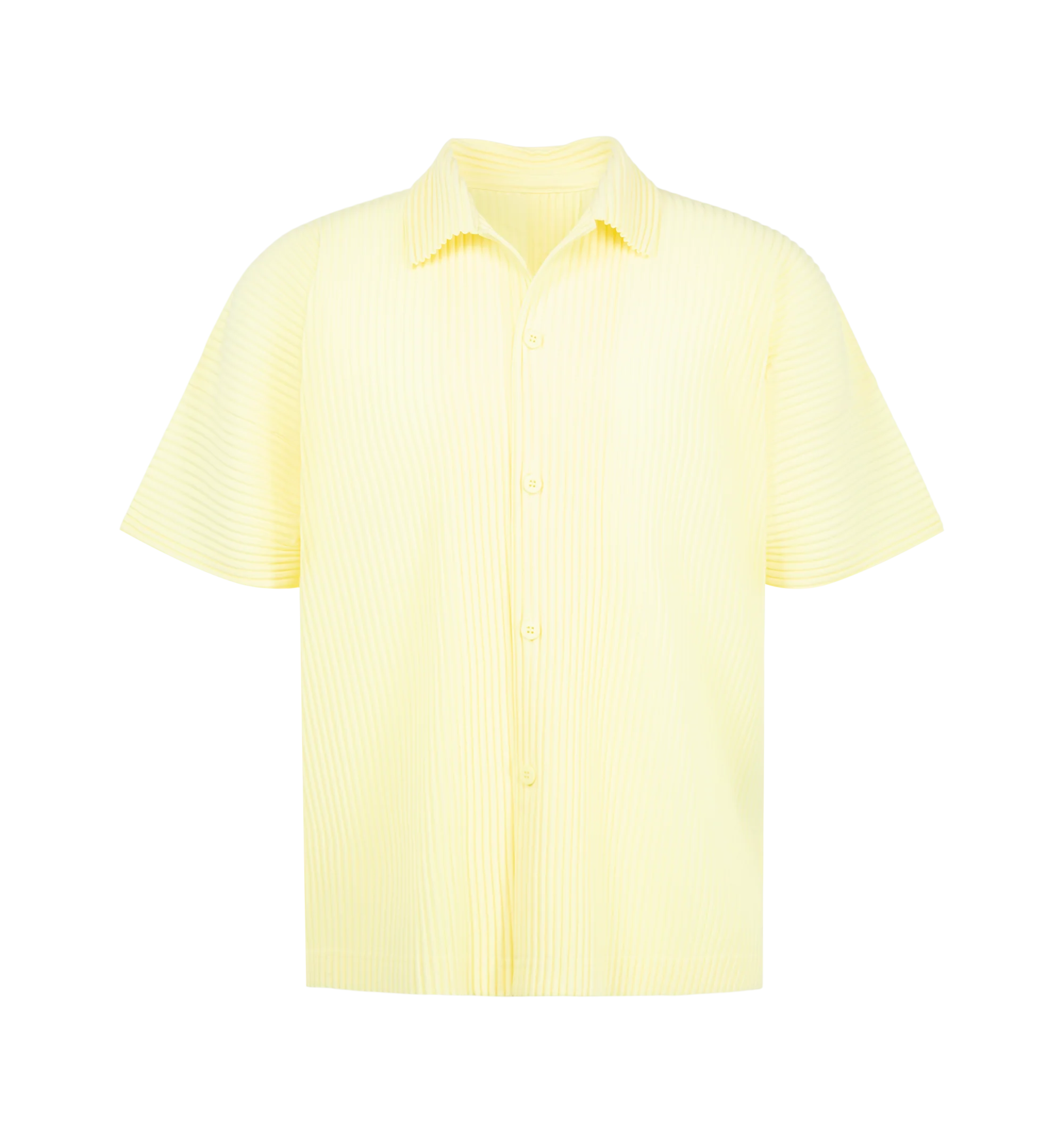 Image 1 of 2 - YELLOW - Issey Miyake Men's August Pleated Shirt is crafted from lightweight polyester and features the house's signature pleated construction throughout. Designed with a classic polo collar, short sleeves, and a button-down front, this designer shirt combines a refined polo-inspired silhouette with Issey Miyake's innovative approach to texture and textile design. Main Material: 100% Polyester.