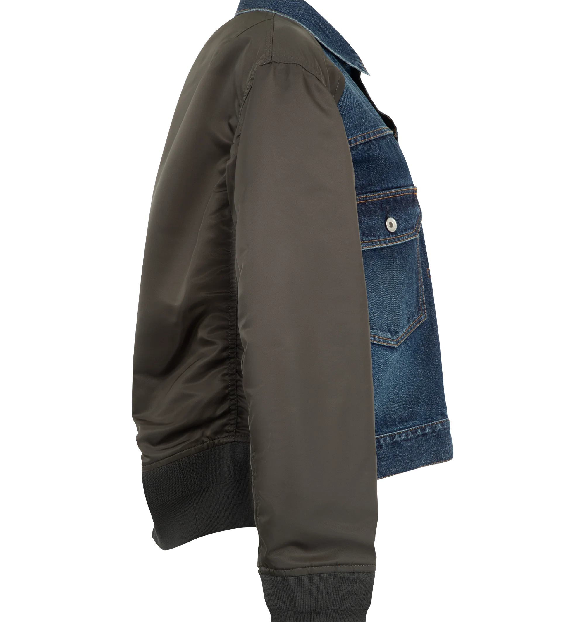 Image 3 of 4 - BLUE - Sacai denim bomber blouson with cotton denim front panel and contrast nylon twill sleeves. Features a classic collar, button-front closure, contrast stitching, patch pockets with flap and button, zip pocket on the sleeve, ribbed hem and cuffs, and back central crease. Outer is 100% cotton denim with 100% nylon sleeves and 100% polyester lining. Made in Japan.