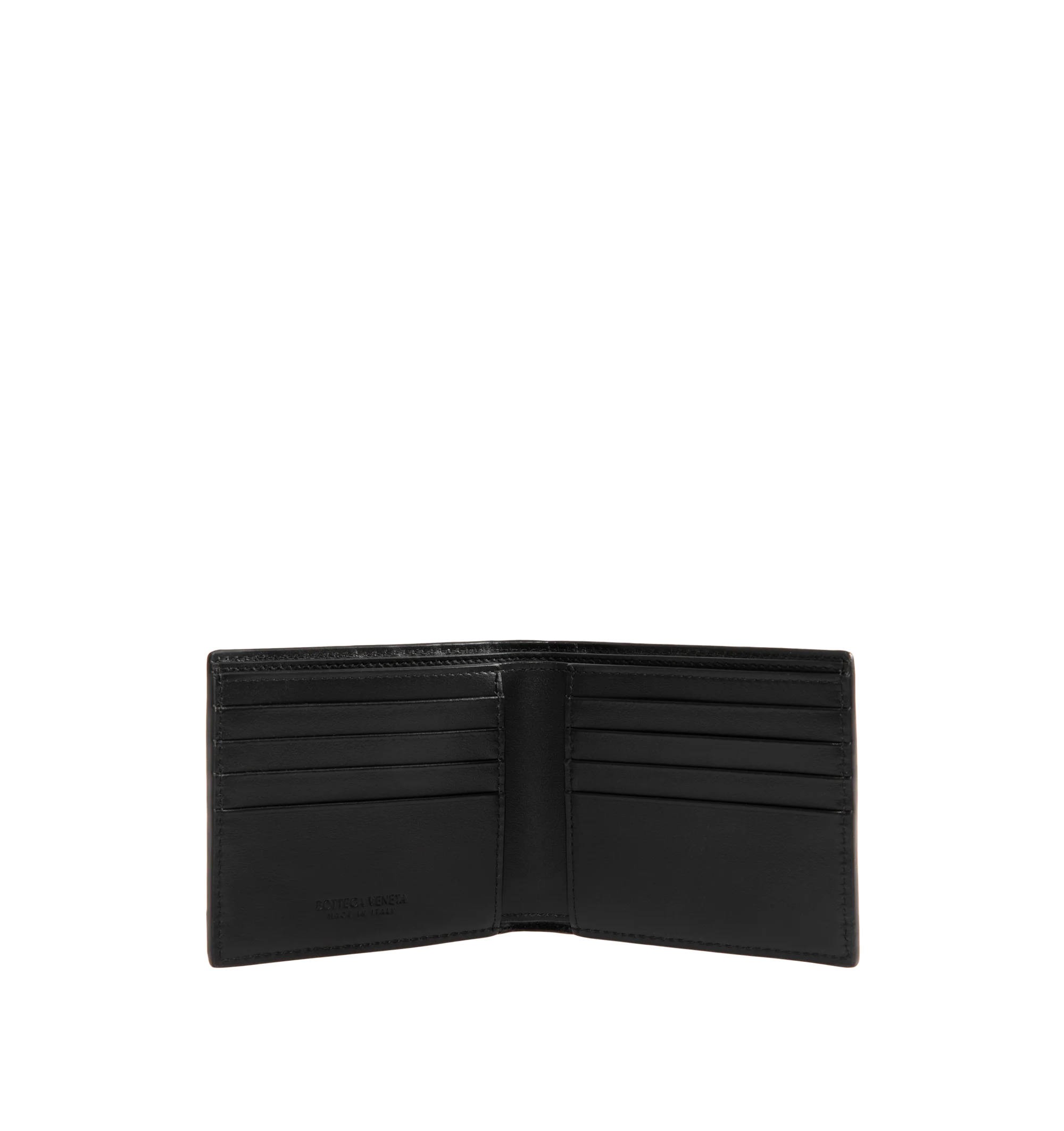 Image 3 of 3 - BLACK - Bottega Veneta Men's Intrecciato Bi-Fold Wallet is crafted from grained and smooth calfskin leather and features the house's signature Intrecciato weave with an intricate geometric pattern. Designed for everyday functionality, this designer leather wallet includes eight card slots, two bill compartments, and two additional interior pockets. Main Material: Calfskin Leather. Lining: Calfskin Leather. Made in Italy.