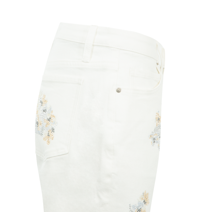 Image 3 of 3 - WHITE - LIBERTINE Porcelain Garden Boyfriend Jeans featuring a beaded floral motif, five-pocket style, mid-rise fit, straight-relaxed leg and zip fly button closure. 97% cotton, 3% elastane.