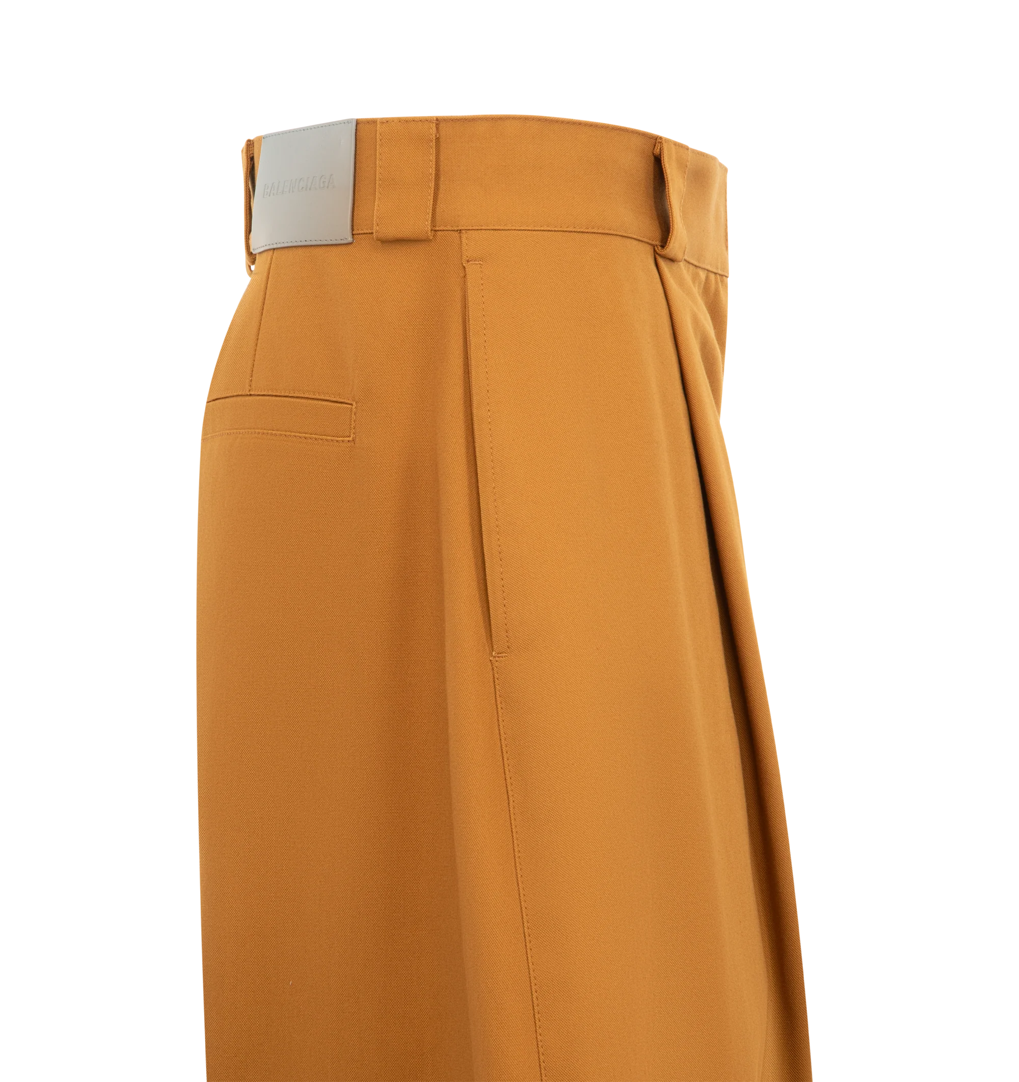 Image 3 of 3 - BROWN - BALENCIAGA Pleated Barrel-Leg Ankle Bermuda Pants featuring curved barrel silhouette with a single pleated front, mid rise sits high on hip, single pleated front, two front slash pockets, two back welt pockets, leather jacron with Balenciaga logo at the back, curved barrel legs, cropped at the ankle, covered snap button, zip fly and belt loops. Cotton/leather. Made in Italy.