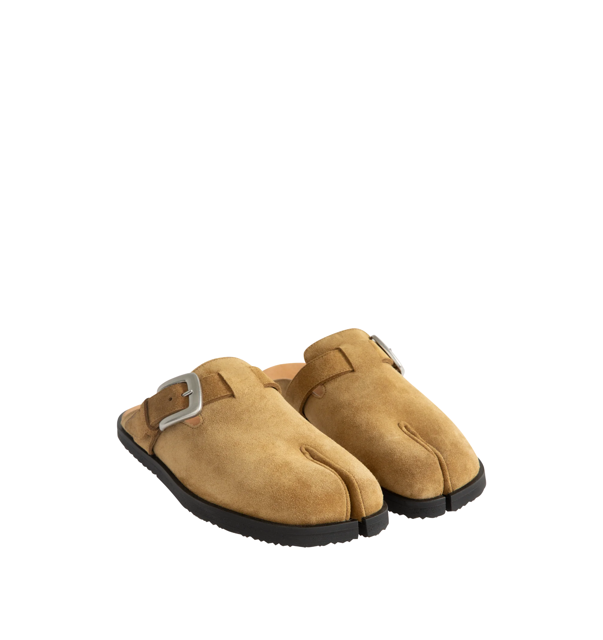 Image 2 of 4 - NEUTRAL - Maison Margiela Women's Tabi Daily Mules are crafted from calf suede and feature the signature split-toe design, a slip-on mule silhouette, open-back construction, an adjustable buckle strap, and a durable rubber sole. These designer suede mules combine the iconic Tabi silhouette with everyday comfort for effortless styling. Main Material: 100% Calf Suede. Lining: 50% Calf Leather, 50% Calf Suede. Sole: 100% Rubber. Heel Height: 1.1 cm. Made in Italy.