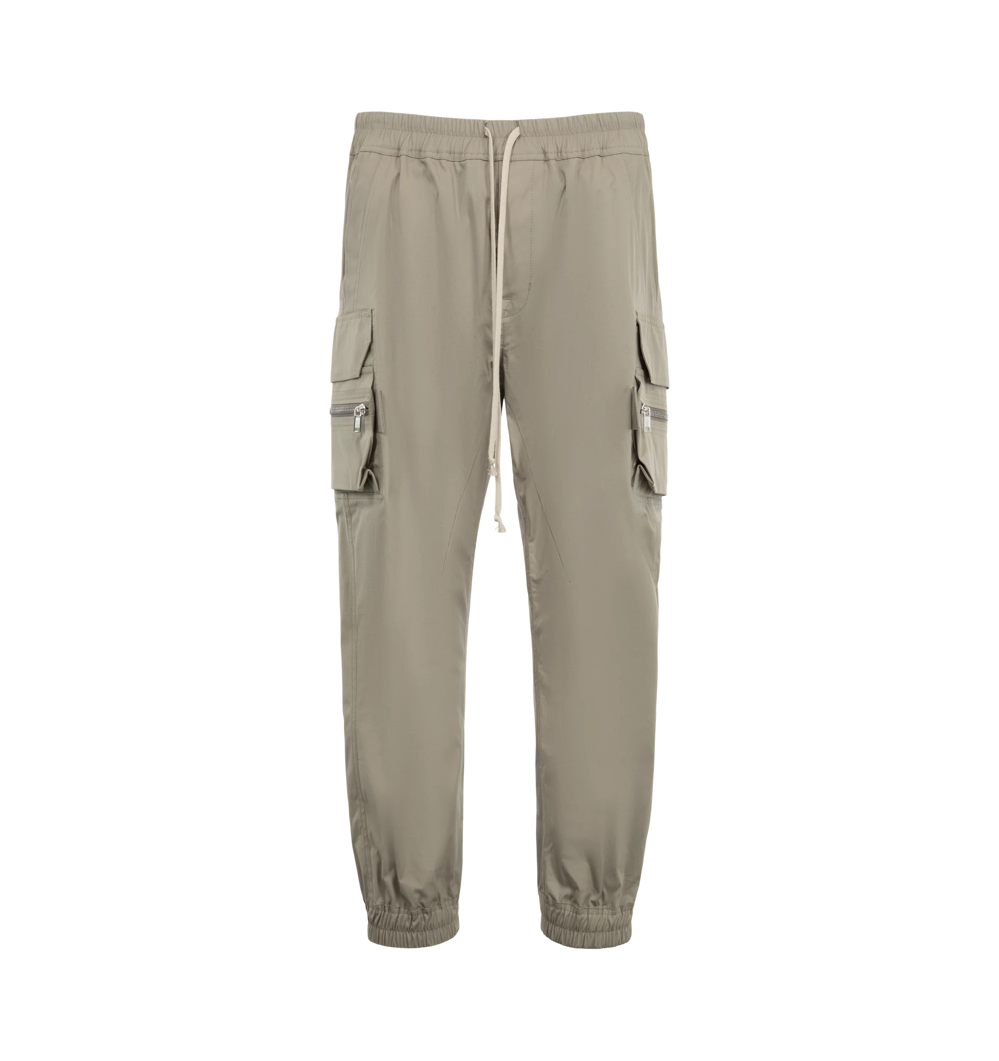 Image 1 of 3 - GREY - Rick Owens Men's Mastodon Cargo Pants are crafted from lightweight feather material and feature a slim-fit, full-length silhouette with an elasticized drawstring waistband. Designed with side pockets, zippered cargo pockets at the thighs, back flap pockets, and elasticized ankles, the style combines utilitarian detailing with a streamlined profile.