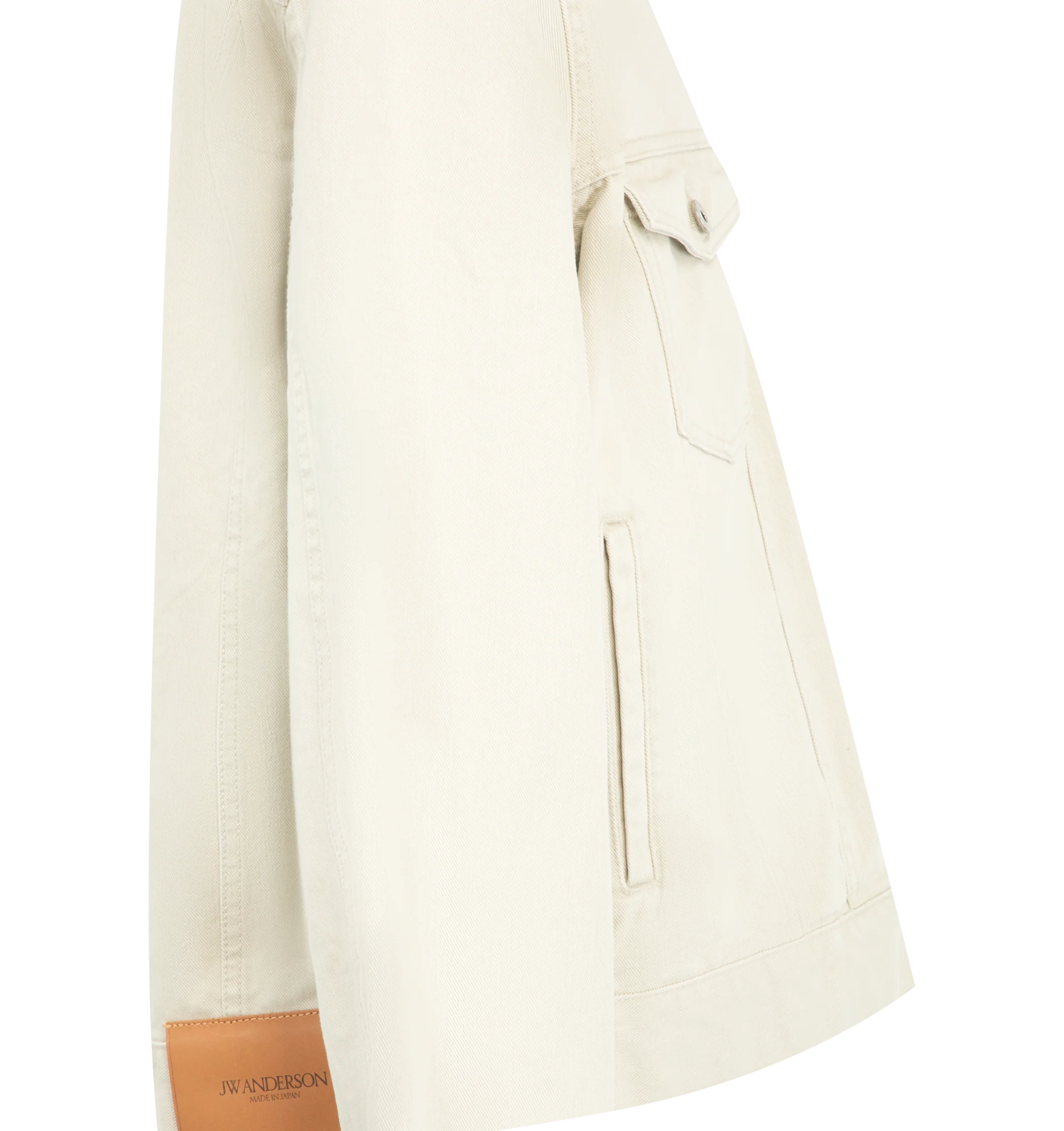 Image 3 of 3 - WHITE - JW Anderson Men's Corduroy Collar Jacket in ecru features a corduroy contrast collar, twisted patch pocket, engraved metal shank buttons, and finished with a leather logo patch. 100% Cotton. Crafted in Japan.