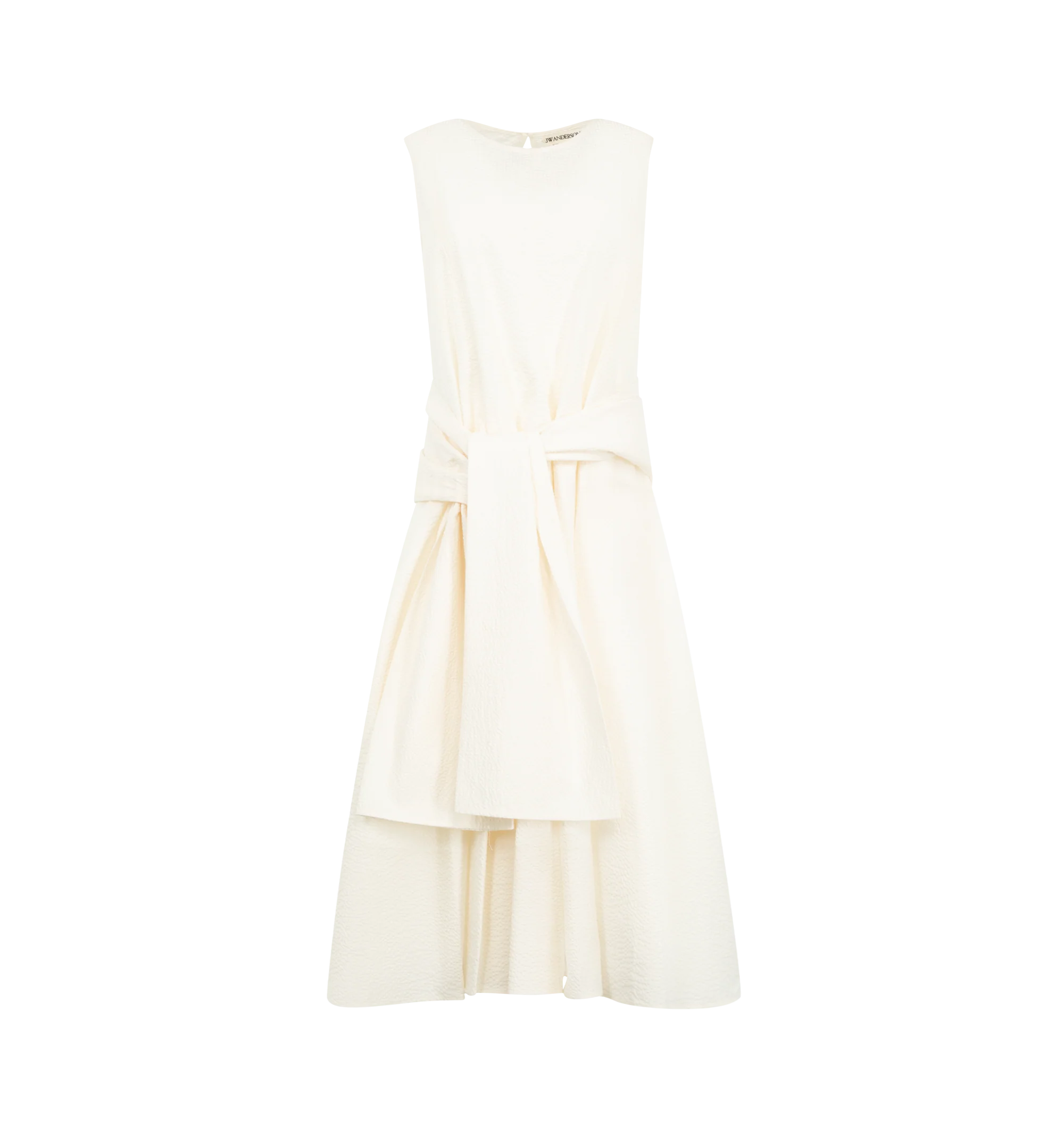 Image 1 of 2 - WHITE - JW Anderson Women's Cloqu Dress is crafted from textured cotton seerksucker material. An unlined, sleeveless dress, features a fitted body, voluminous skirt. Finished with a waist tie with a selvedge edge. Main Material: 100% Cotton. Made in Portugal.
