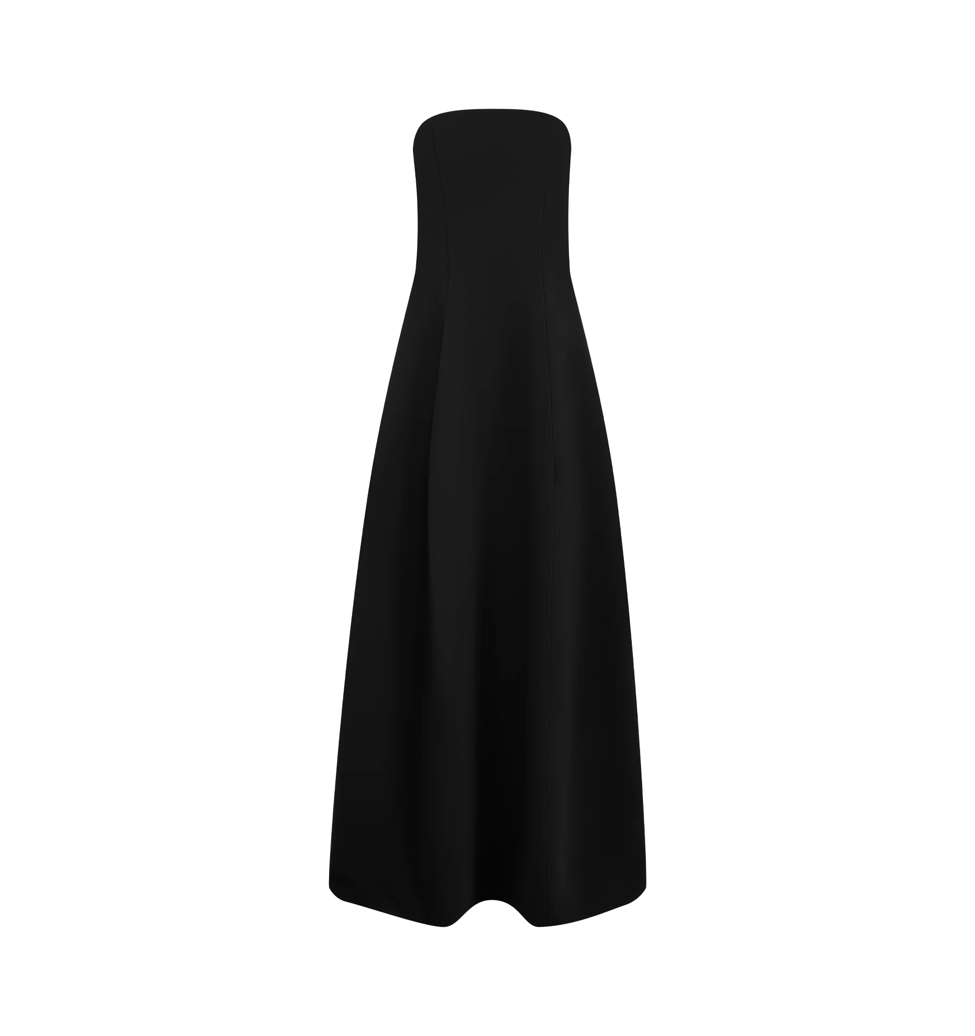 Image 1 of 2 - BLACK - Toteme Women's Strapless Balloon Dress is crafted from bonded crepe with a supportive internal corset for a clean, held shape. Fitted through the bodice and waist before opening into a full-length balloon silhouette, it is finished with side pockets. Materials: 100% recycled GRS polyester.