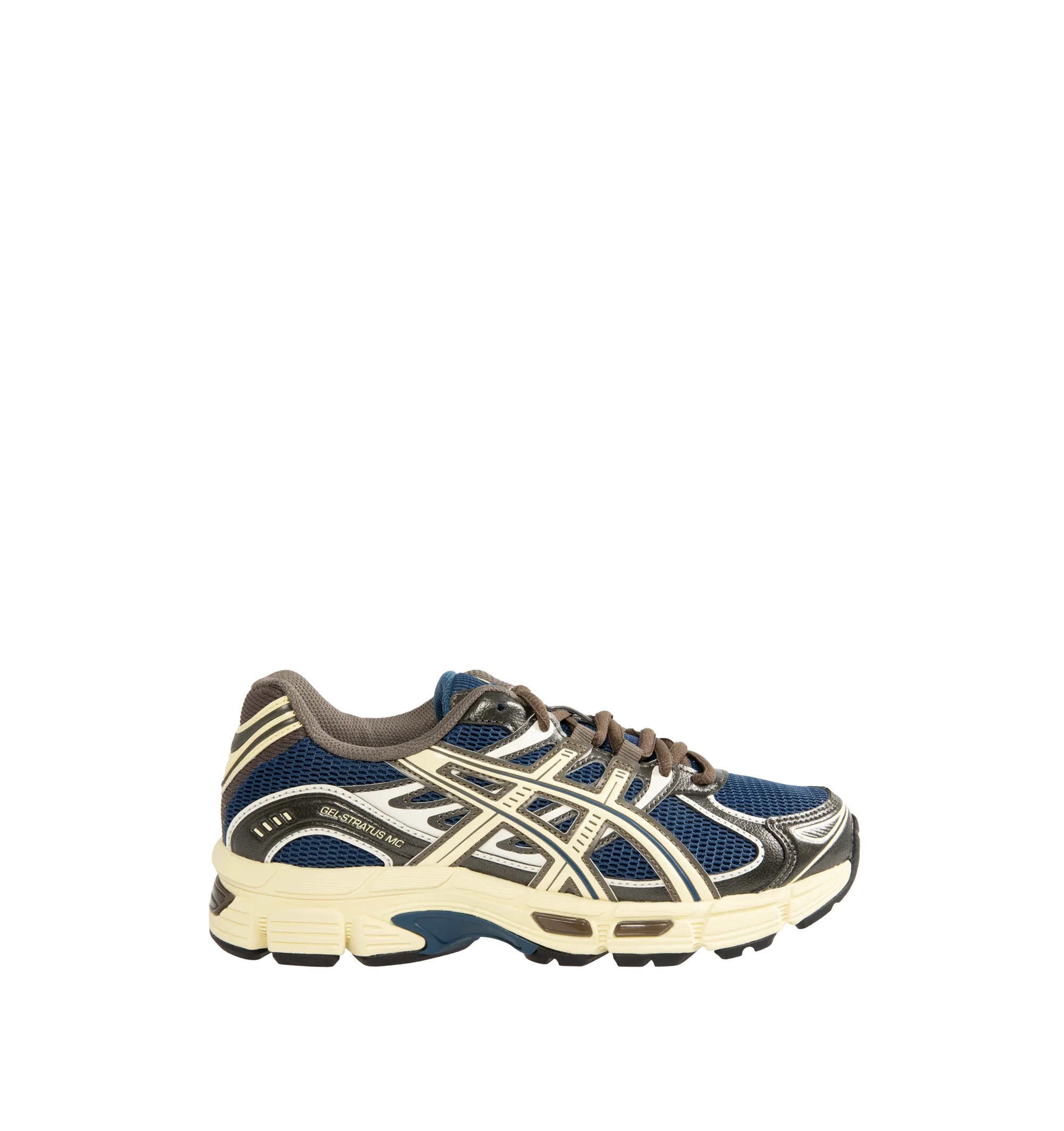 Image 1 of 5 - BLUE - ASICS Mens GEL-STRATUS MC Sneakers feature a breathable air mesh upper with synthetic leather overlays inspired by the GEL-STRATUS 4 running shoe. Designed with rearfoot GEL technology for enhanced cushioning, a GEL-JOG MC-inspired midsole, lace-up closure, and a durable rubber outsole. Upper: Air Mesh and Synthetic Leather; Midsole: Rearfoot GEL Technology; Outsole: Rubber. Imported
