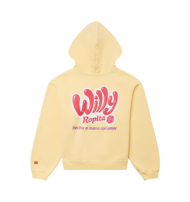 Image 2 of 2 - YELLOW - WILLY CHAVARRIA Willy Ropita Shrunken Zip-Through Hoodie featuring front zipper closure, attached hood, chest and back logo detail, side slant pockets, fleece lining abd ribbed trim. 100% cotton. Made in USA.