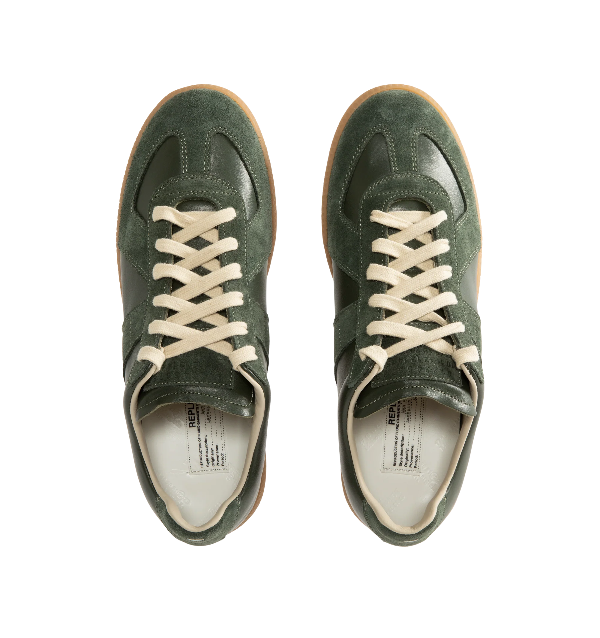 Image 5 of 5 - GREEN - Maison Margiela Men's High Quality Luxury Sneakers featuring lace-up sneakers in buffed nappa calfskin and calfskin suede, contrasting sole, Maison Margiela logo label on the tab, internal High Quality Luxury label, internal elastic and all-over Maison Margiela logo insole. 100% calf leather. Sole: 100% rubber. Made in Italy.