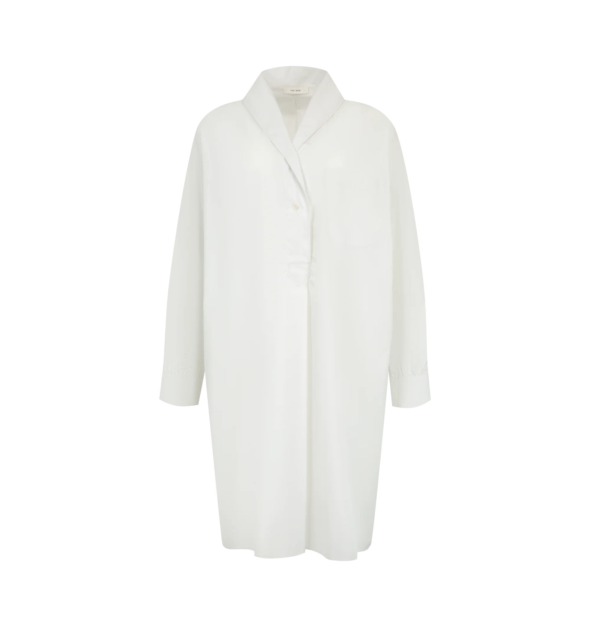 Image 1 of 2 - WHITE - The Row Women's Eryn Top is crafted from luxurious Sea Island cotton poplin and features a shawl collar, an exposed half-placket button closure, a single chest patch pocket, and a center back box pleat for a relaxed, refined silhouette. This designer cotton shirt combines exceptional Italian craftsmanship with one of the world's rarest cotton varieties, offering a silky-soft hand, crisp structure, and breathable comfort for effortless everyday wear. Main Material: 100% Sea Island Cott