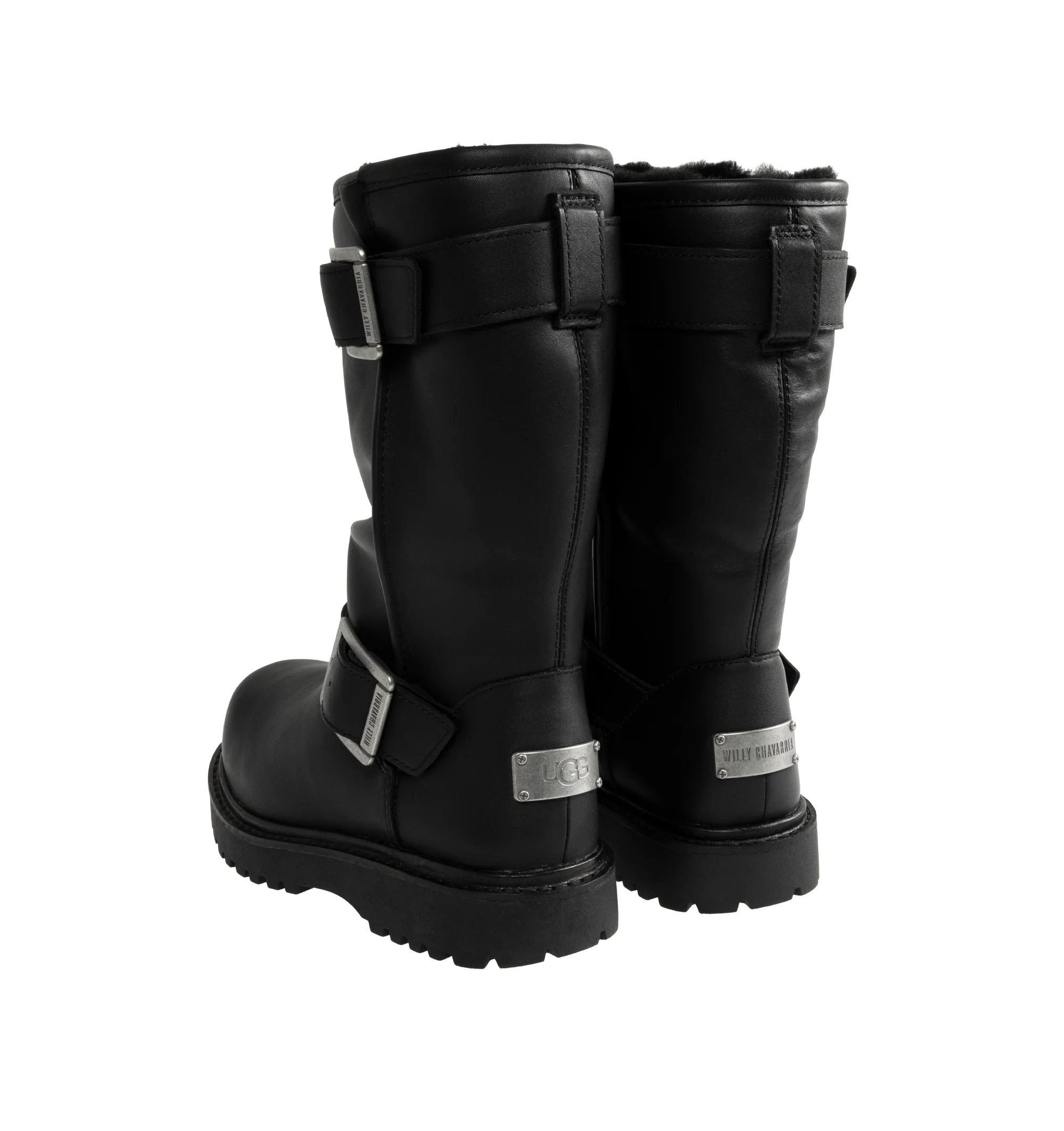 Image 3 of 4 - BLACK - UGG x Willy Chavarria Biker Boot is crafted from leather and reimagines UGG's iconic silhouette with a rugged, moto-inspired design. Featuring a mid-calf profile, chrome hardware detailing, and UGG's signature plush sheepskin lining, the boot combines bold utility styling with exceptional comfort. Main Material: Leather. Lining: Sheepskin. Unisex style in men's sizes.