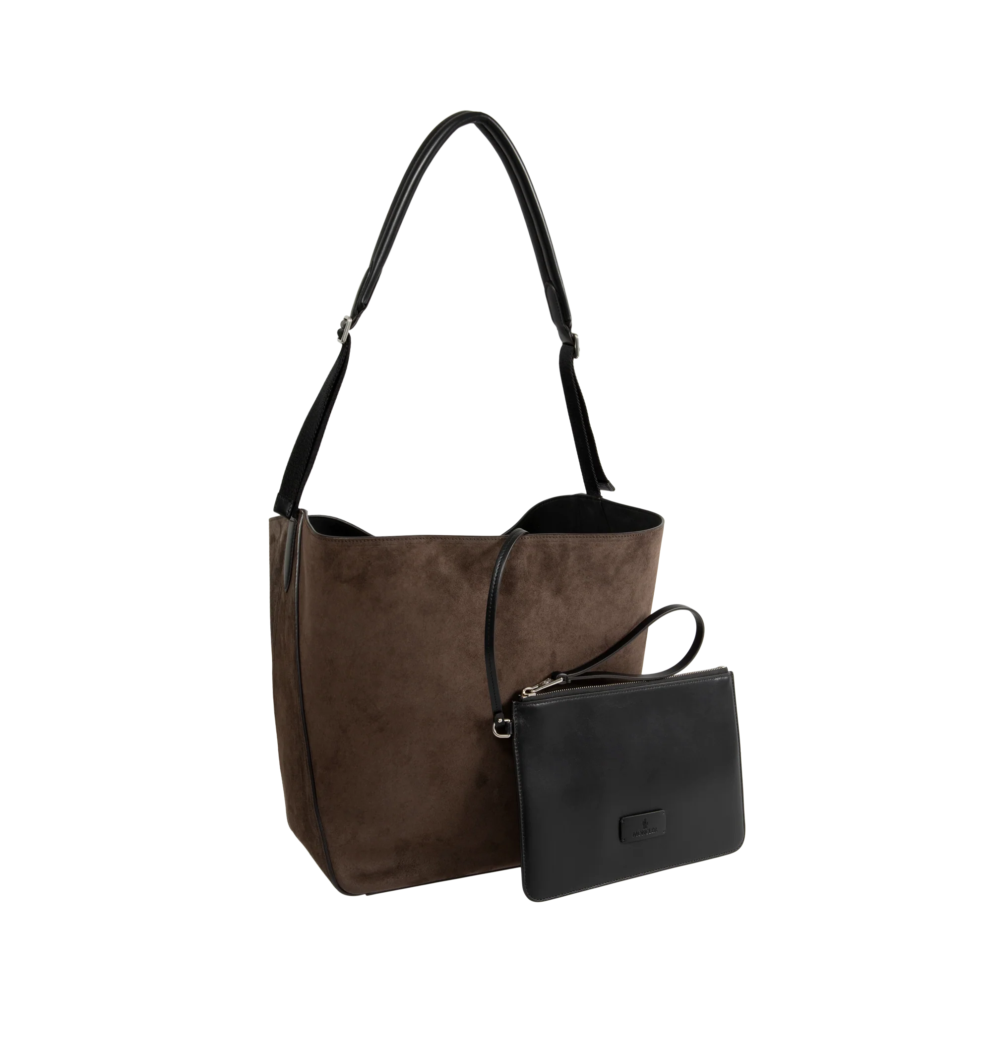 Image 2 of 3 - BROWN - Moncler Women's Carlo Suede Shoulder Bag is crafted from tactile cow suede and features a soft hobo silhouette accented with leather piping and contrast blanket stitching. Designed for versatile hand or shoulder carry, this designer bag features a leather handle, nylon lining, a removable zipped pouch, and signature Moncler logo detailing at the bottom. Leather Exterior: Cow Leather. Leather Inserts: Cow Leather. Lining: 100% Polyamide/Nylon. Dimensions: 28 x 31 x 18 cm. Fits a large  