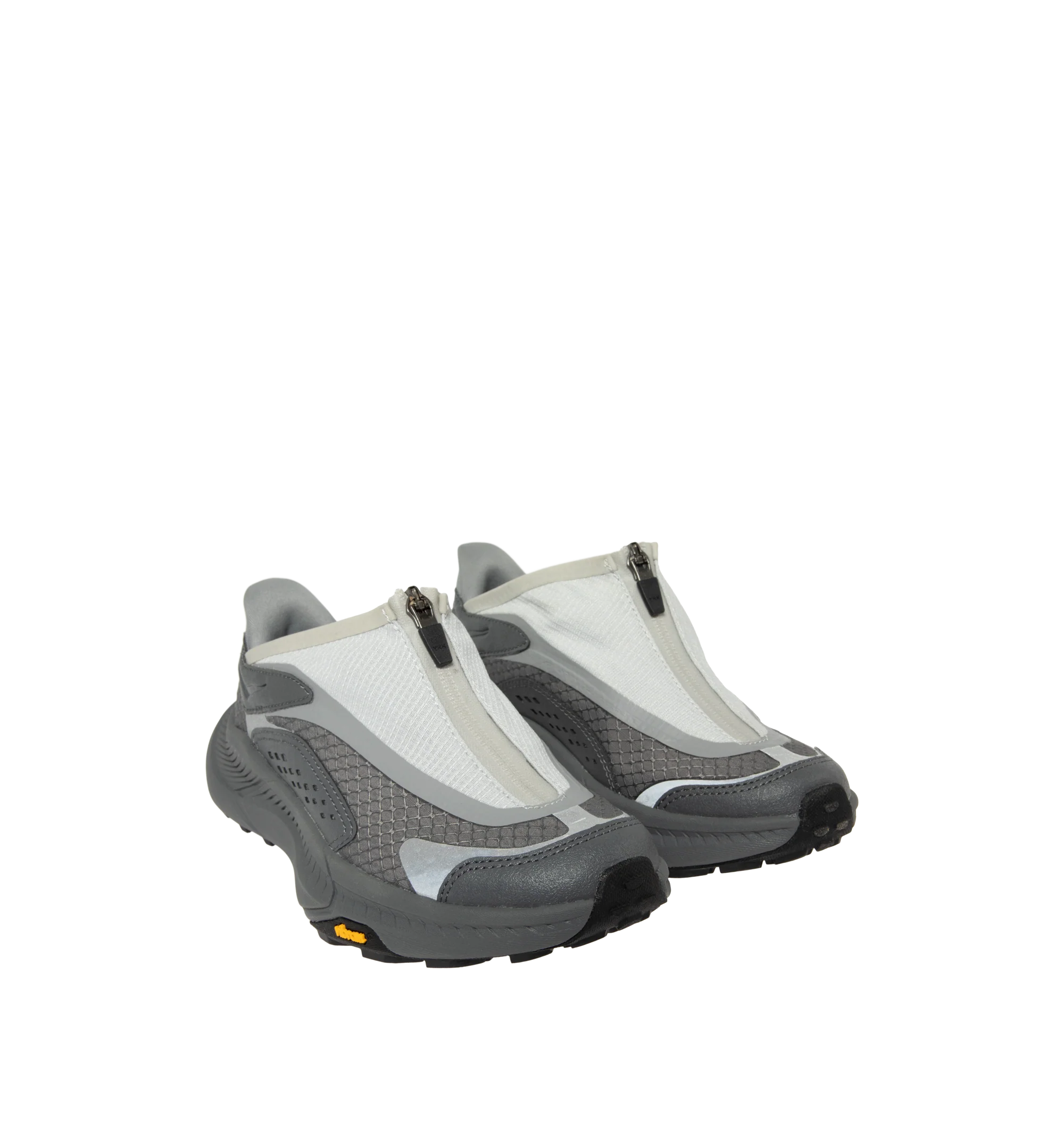 Image 2 of 5 - GREY - Hoka Project Transport Sneakers feature a shrouded ripstop upper with textured synthetic overlays for lightweight durability and a sleek, modern look. Designed for everyday wear, these performance sneakers include a quick-lace system with a zippered shroud, reflective details, signature HOKA cushioning, and a Vibram Ecostep outsole for reliable traction and lasting comfort. Main Material: Ripstop Textile and Synthetic. Sole: Vibram Rubber. Made in Vietnam. 