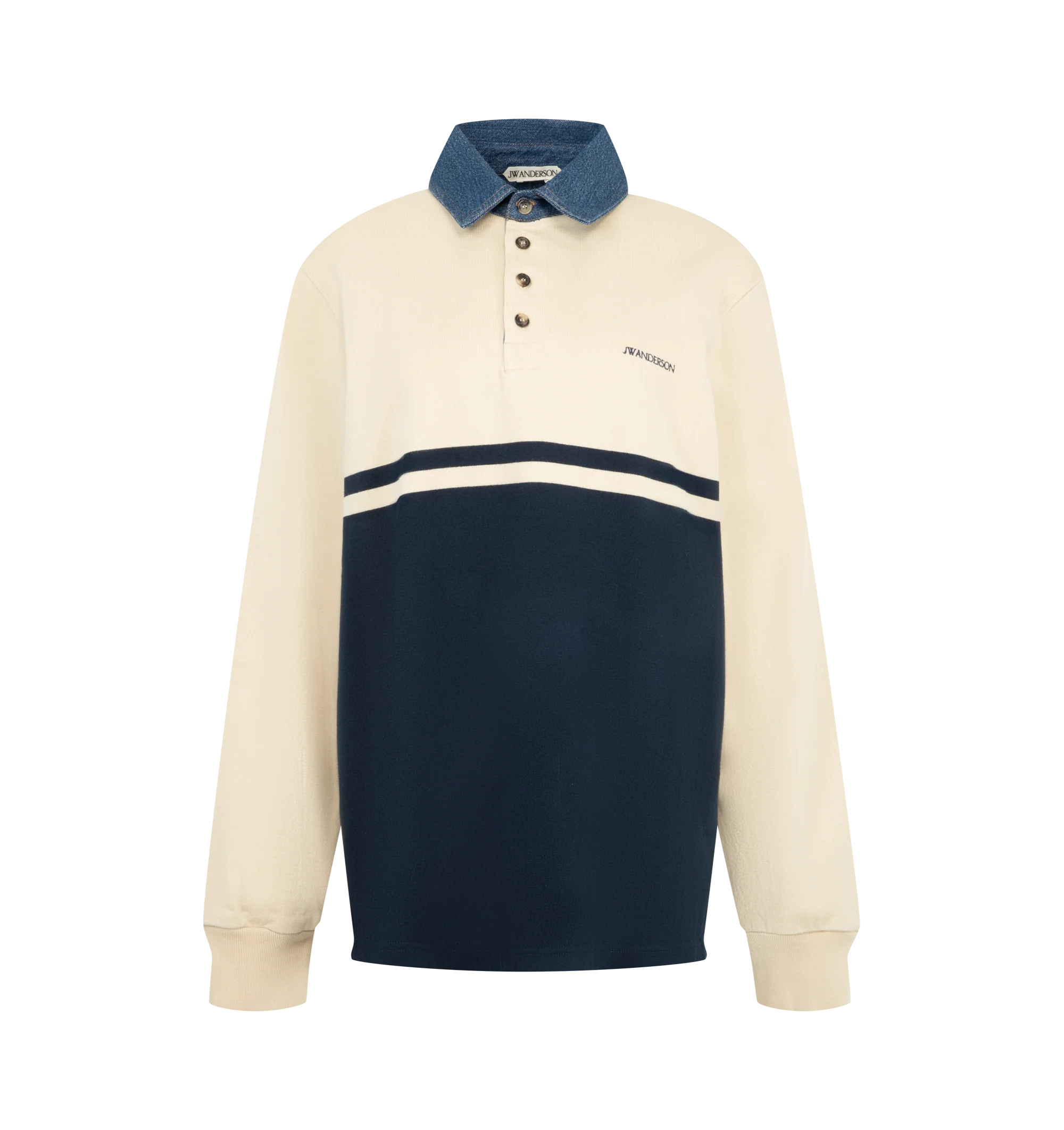 Image 1 of 2 - NAVY - JW Anderson Women's Long-Sleeved Contrast Collar Rugby Polo in off-white navy cotton jersey. Features a contrast denim collar, knitted stripe and a ribbed cuff. Finished with logo embroidery at the chest and horn buttons. Composition 1:100% Cotton. Composition 2: 98% Cotton, 2% Elastane. Made in Portugal.