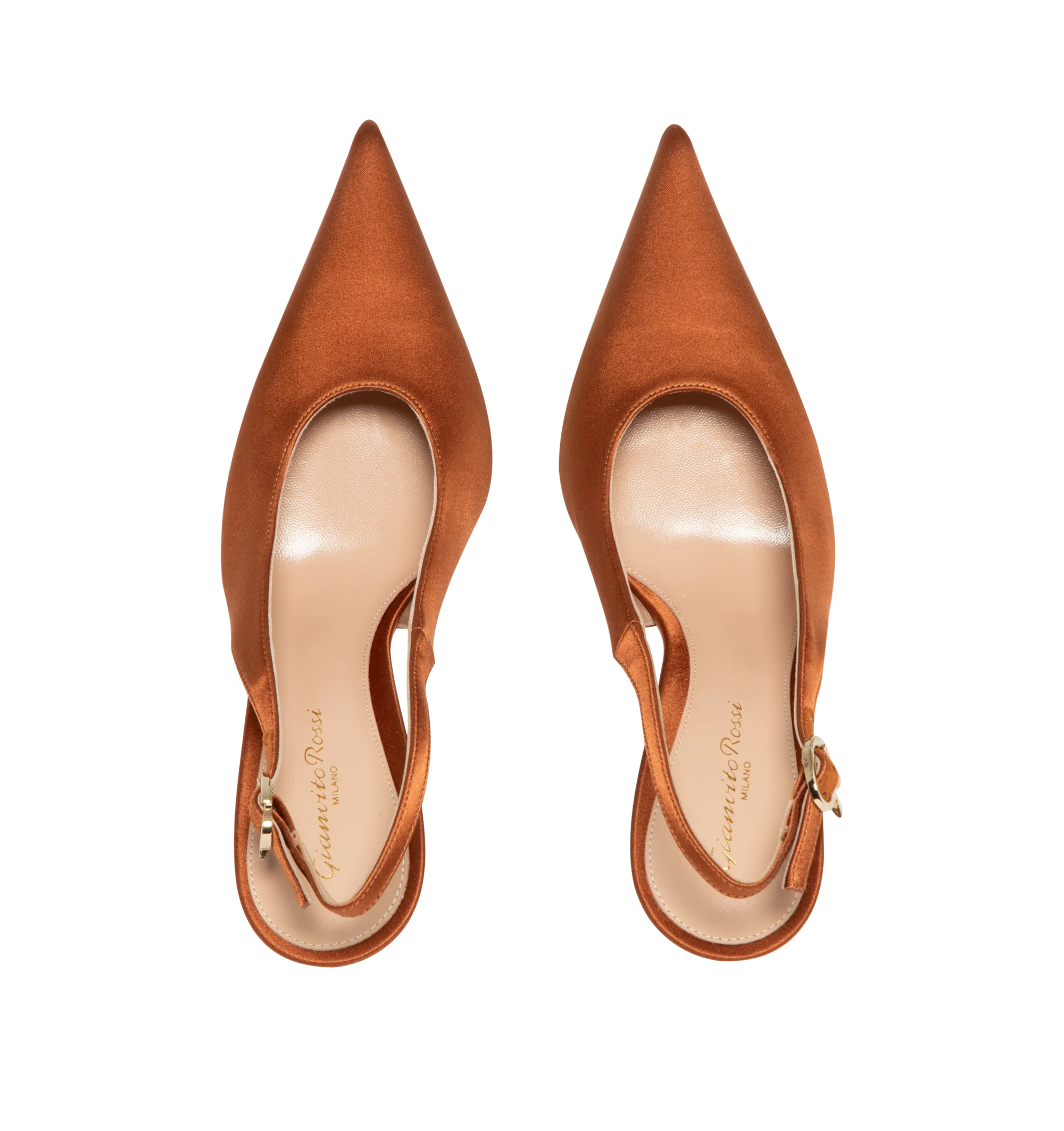 Image 4 of 4 - ORANGE - Gianvito Rossi Womens Sofia Sling Pumps are crafted from stretch crepe satin textile. Feature a pointed toe, elasticized slingback strap, signature Sofia sculptural heel, and leather sole. Heel Height: 9.5 cm. Main Material: Stretch Crepe Satin Textile; Sole: Leather. Handmade in Italy.