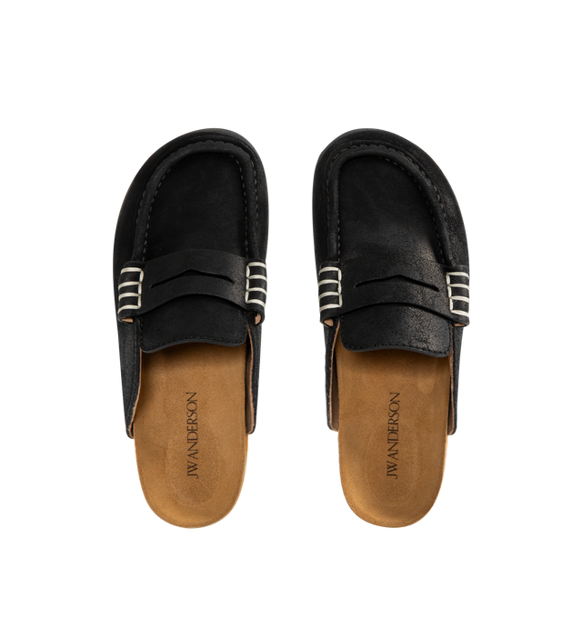 Image 4 of 4 - BLACK - JW ANDERSON Stitch Loafer featuring a waxed suede leather upper with a calf leather lining, finished with a crepe rubber sole suitable for indoor or outdoor wear and an embossed JWA logo. 100% split cow suede leather. Made in Italy. 