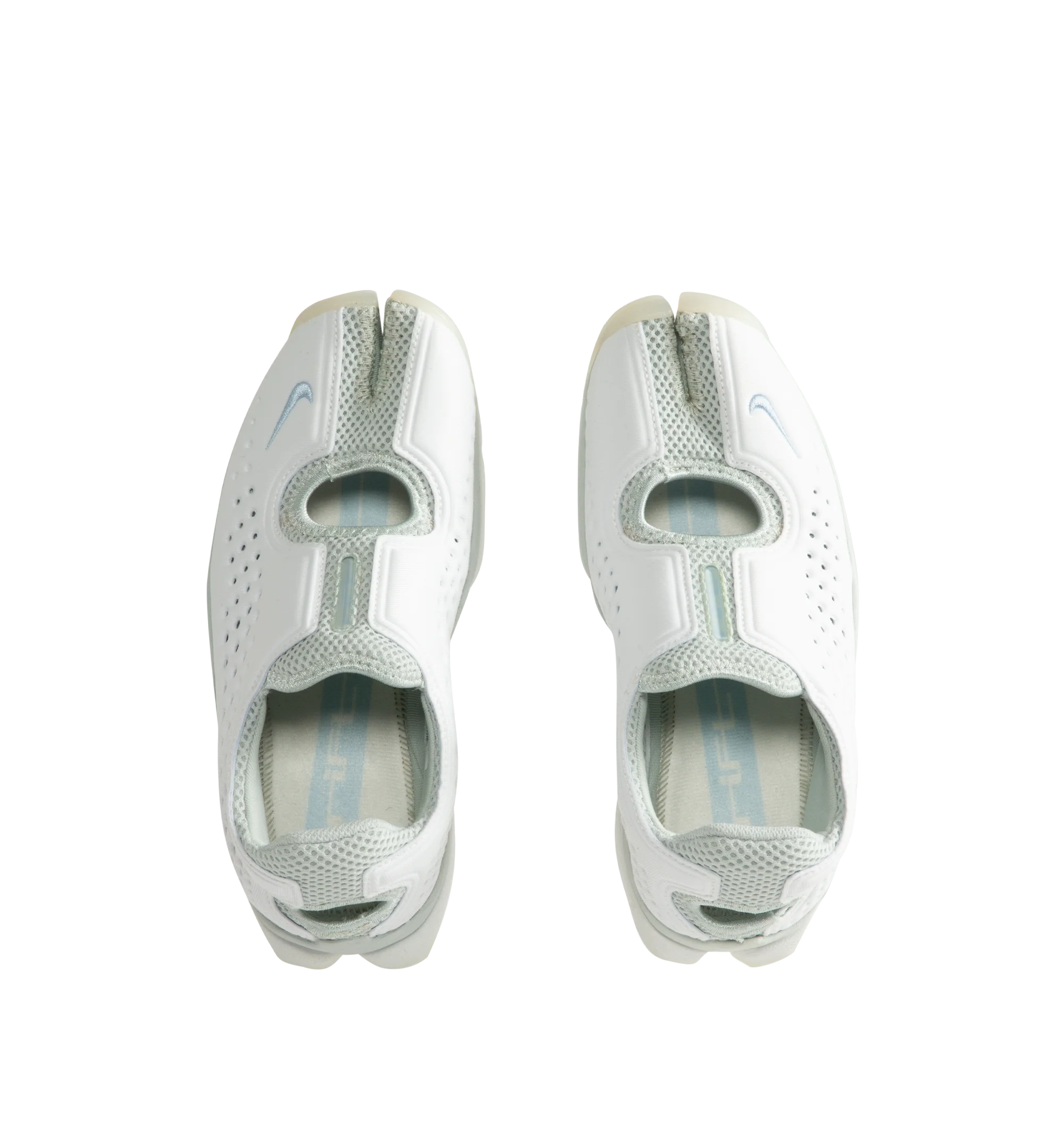 Image 5 of 5 - WHITE - Nike Women's Rift 2 Sneakers feature a padded neoprene and mesh upper with the iconic split-toe construction for a distinctive, sport-inspired silhouette. Designed for easy slip-on wear, these sneakers feature a cushioned footbed, antimicrobial sockliner, fabric lining, and lightweight foam midsole for added comfort. Finished with a durable rubber sole, the Rift 2 combines Nike's signature natural-motion-inspired design with everyday functionality. Upper: Neoprene and Mesh. Lining: Fa