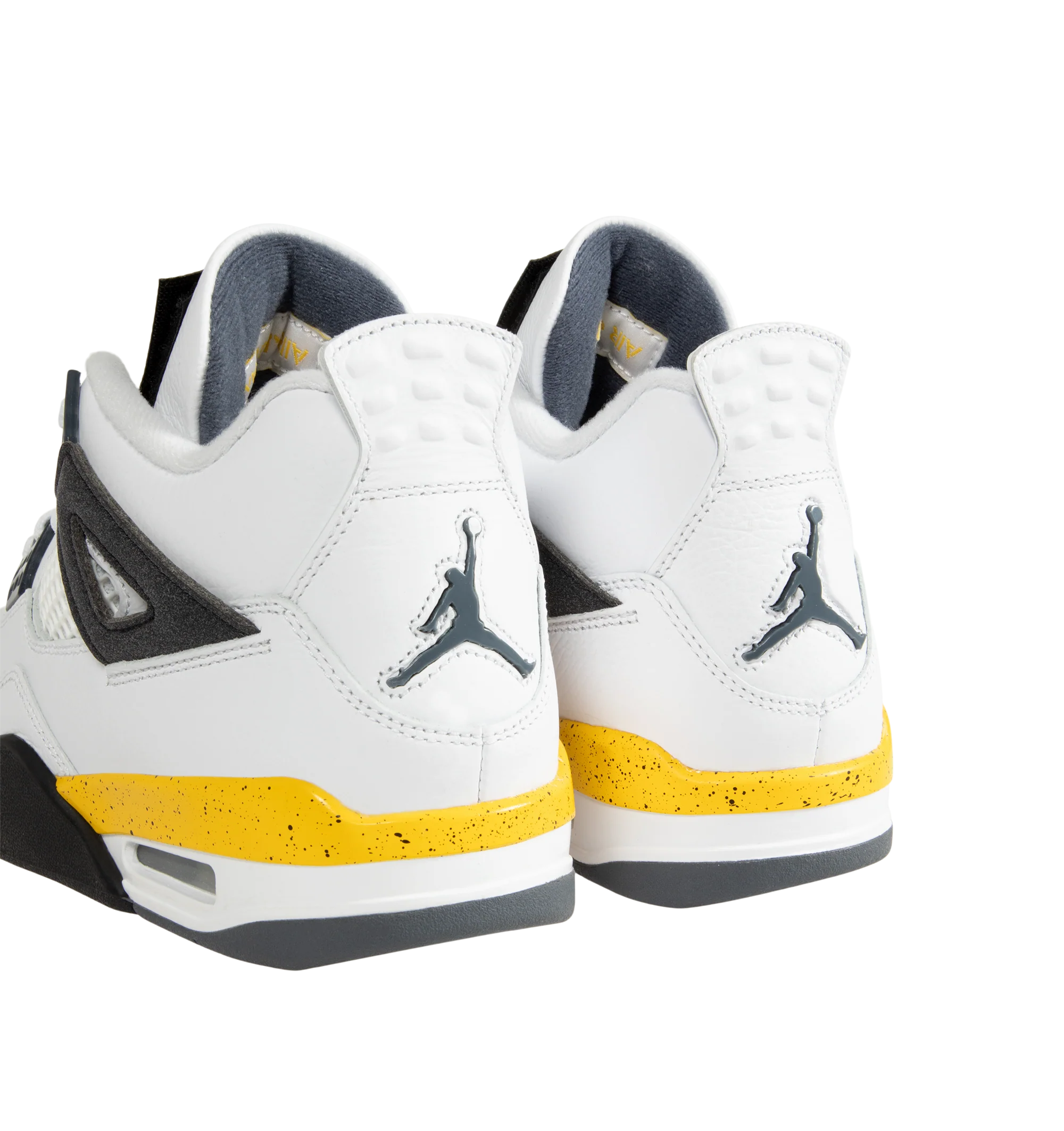 Image 3 of 5 - YELLOW - Air Jordan 4 Retro "Tour Yellow" Sneakers are crafted from premium leather and feature a white upper accented by a speckled Tour Yellow midsole, with Black and Dark Blue Grey details. Designed with the iconic AJ4 basketball silhouette, they are finished with Jumpman heel branding, a foam midsole, Nike Air and Max Air cushioning, and a durable rubber outsole. Main Material: Leather. Sole: Rubber. Cushioning: Nike Air and Max Air. Made for men. 