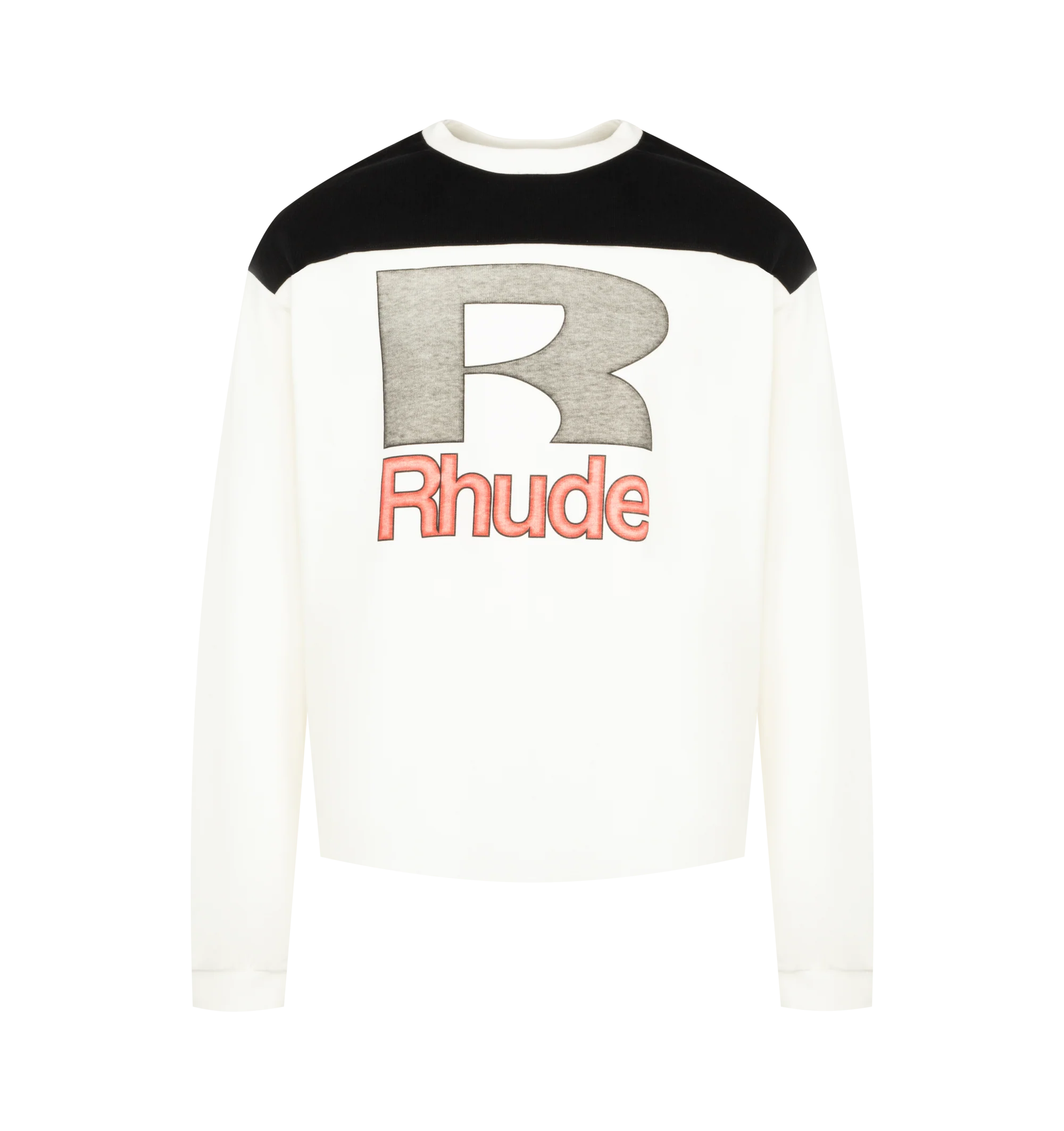 Image 1 of 2 - WHITE - Rhude Men's Racing Panel Long Sleeve Shirt is crafted from premium fabric and features a relaxed silhouette with a classic point collar, long sleeves, a button-front closure, and racing-inspired panel detailing. This designer long sleeve shirt combines vintage motorsport influences with Rhude's signature luxury streetwear aesthetic, creating a bold statement piece for elevated everyday styling. Main Material: 100% Cotton Fabric.