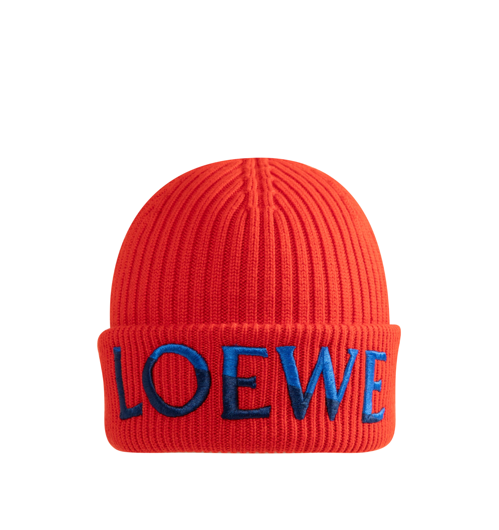 Image 1 of 2 - RED - Loewe Beanie in Wool is crafted from medium-weight ribbed wool knit and features a classic minimalist silhouette designed for everyday wear. The textured ribbed construction provides warmth and comfort, while the understated design reflects the house's signature approach to refined essentials. Main Material: Wool. Features: medium-weight knit, ribbed construction. Height 26 cm x Width 21.5 cm.