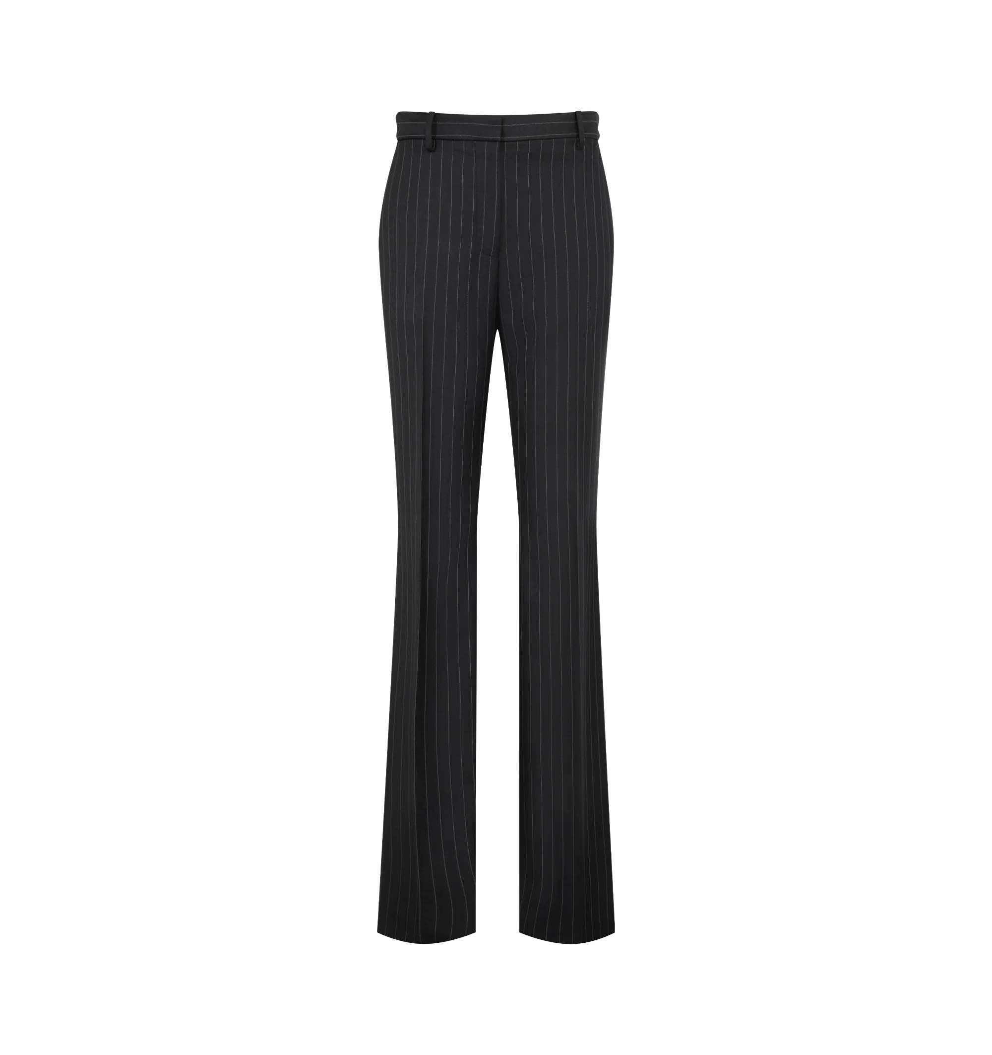 Image 1 of 3 - BLACK - Tom Ford Women's Chalk Stripe Wool Tailored Straight Pants are crafted from a wool blend with a chalk stripe pattern and feature a straight-leg silhouette, side slanted pockets, double back welt pockets with self-covered buttons, and hand-stitched silk bar tacks. These designer wool trousers combine precise tailoring with timeless pinstripe styling for elevated professional and occasion wear. Main Material: Wool. Made in Italy.