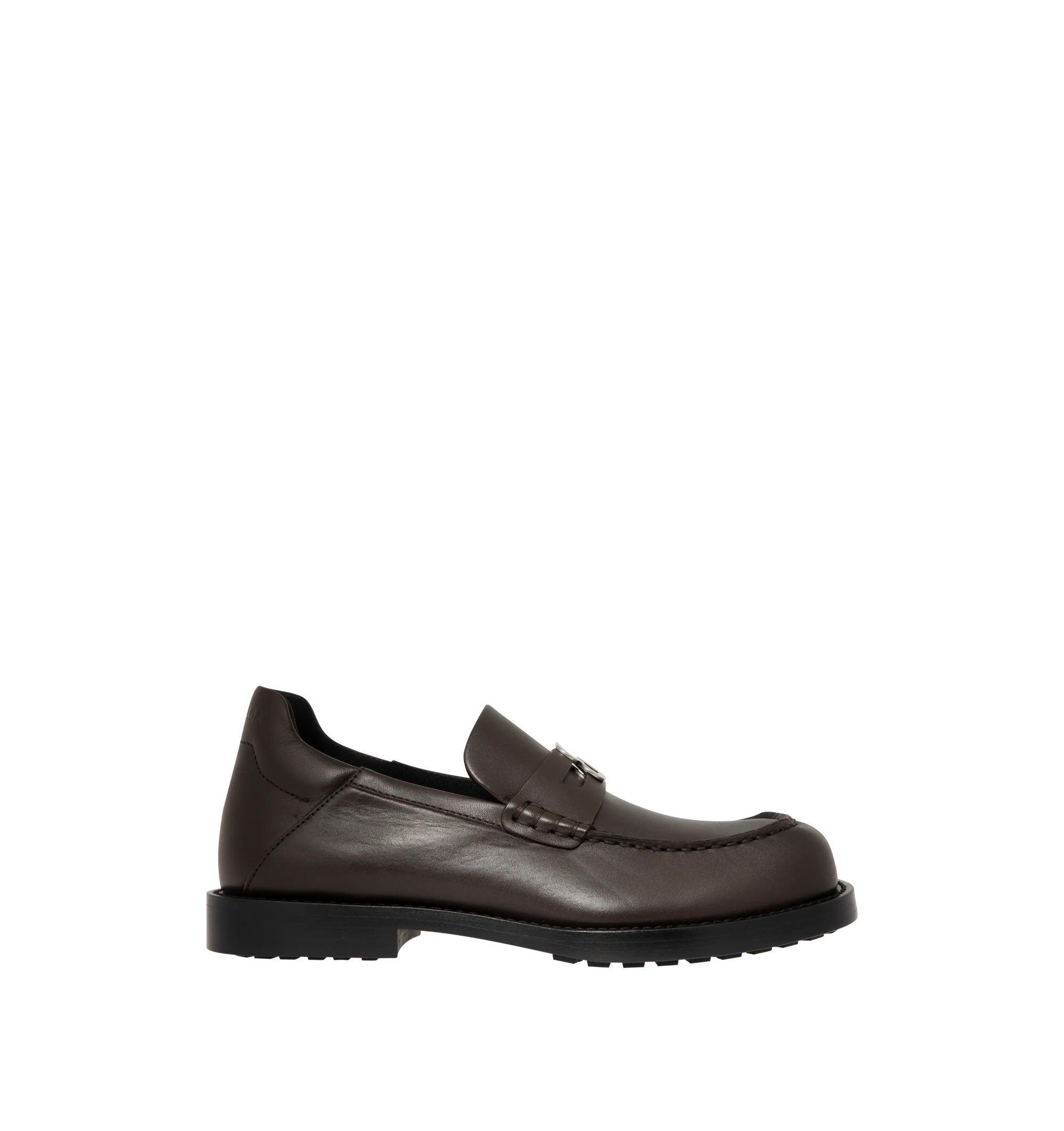 Image 1 of 4 - BROWN - Balenciaga Womens Comfy Loafers are crafted from smooth moka leather. Feature a slip-on silhouette, round toe, metallic detail across the vamp, thick sole, and leather construction designed to develop a natural patina over time. Main Material: Leather; Sole: Leather. Made in Italy.