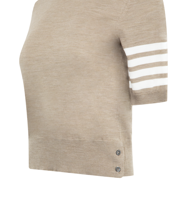 Image 3 of 3 - BROWN - THOM BROWNE Fine Merino Wool 4 Bar Tee featuring 4-Bar detailing, crew neck, lightweight merino wool, buttoned side vents with signature striped grosgrain trim and signature striped grosgrain loop tab. 99% virgin wool, 1% polyamide. Made in Italy. 