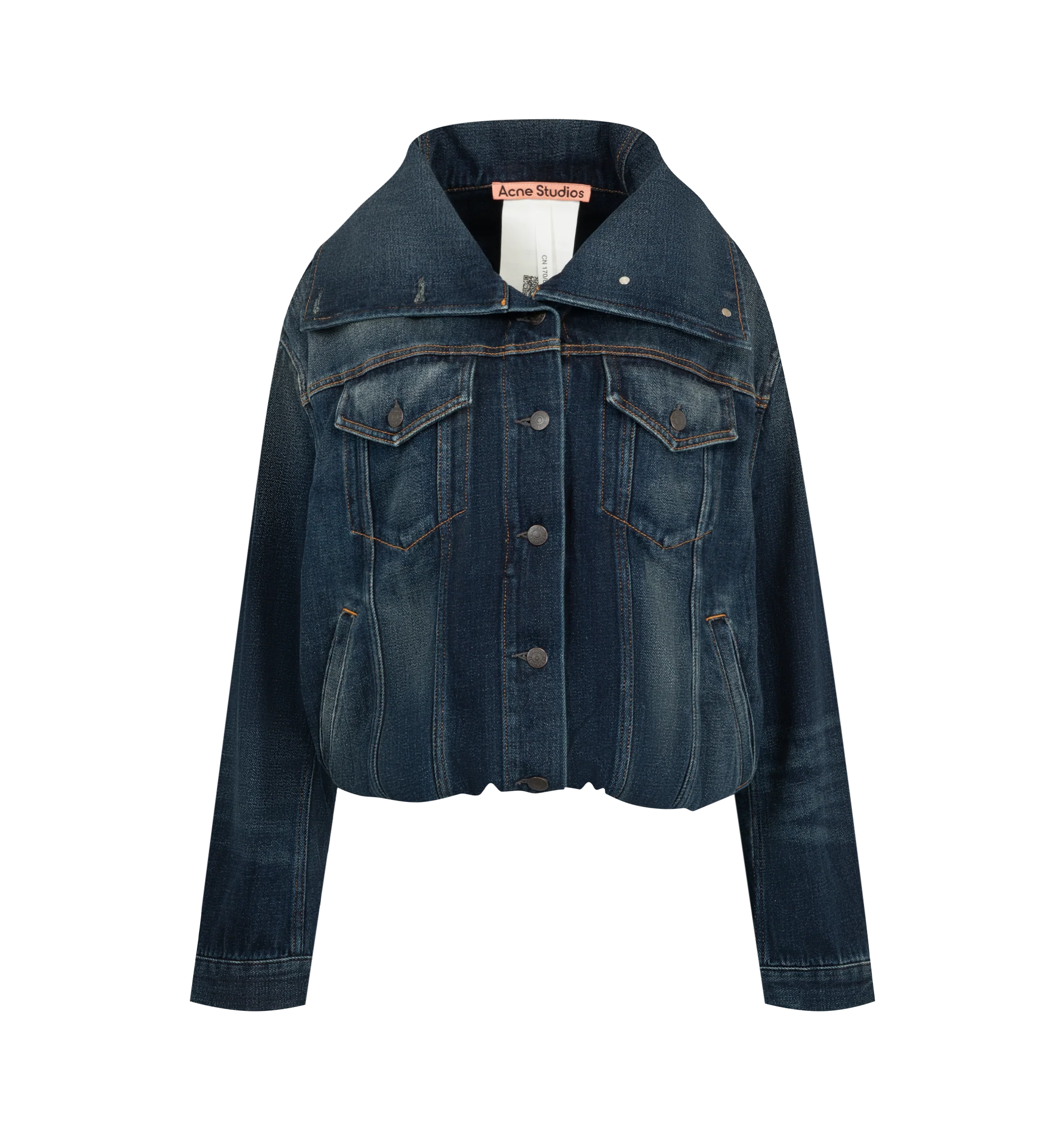 Image 1 of 3 - BLUE - Acne Studios Women's Cropped Denim Jacket is crafted from indigo-blue denim twill and features a regular-fit silhouette with a structured high neck and cropped length. Designed with branded button closures, front and side pockets, and a distinctive balloon hem that creates a gathered shape. Main Material: 100% Cotton. Lining: 65% Polyester, 35% Cotton.