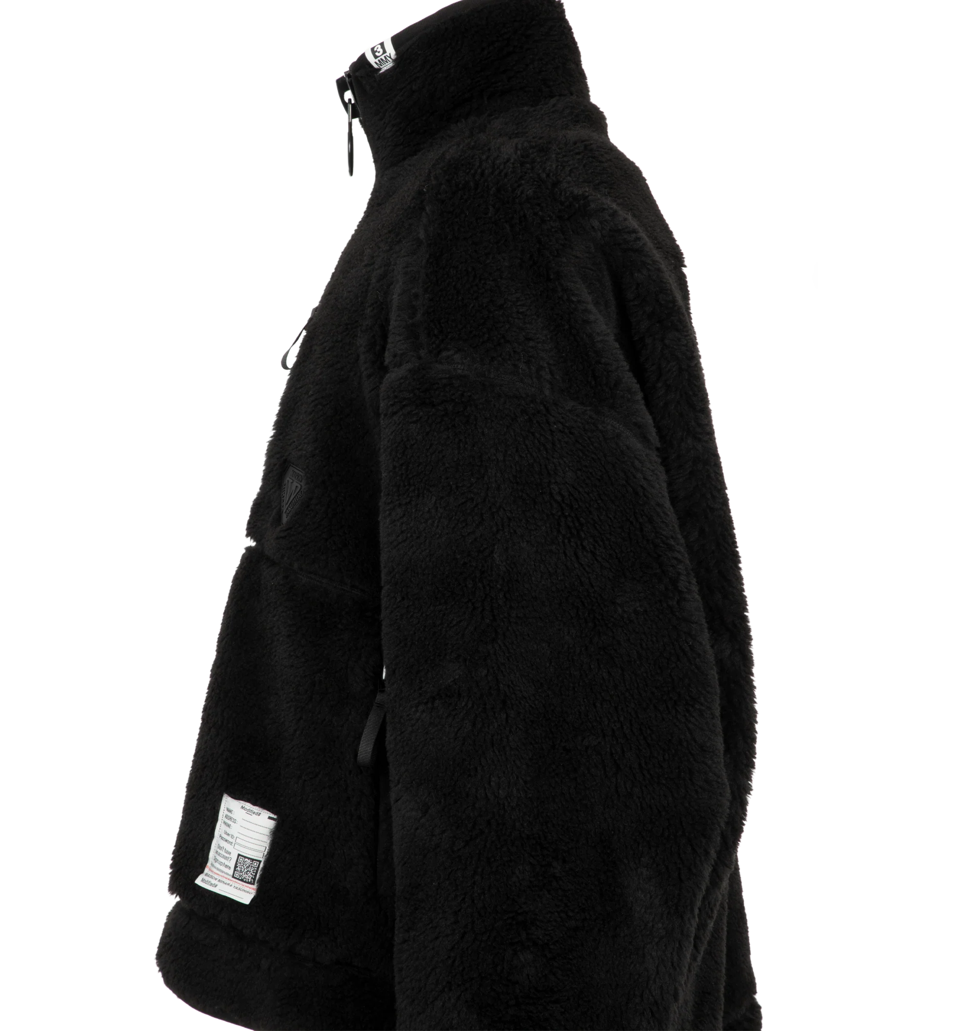 Image 3 of 3 - BLACK - Maison Mihara Yasuhiro Men's Wide Back Boa Blouson is crafted from plush boa fleece and features a relaxed silhouette with a wide back design, full-zip front, and side pockets for a contemporary layered look. This designer fleece jacket combines exceptional warmth with Maison Mihara Yasuhiro's signature oversized aesthetic, making it a standout outerwear piece for colder seasons. Main Material: Boa Fleece. Made in Japan.