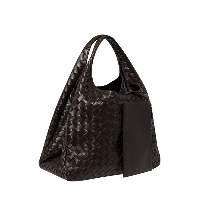 Image 2 of 3 - BROWN - Bottega Veneta Womens Large Campana Shoulder Bag is crafted from supple Intrecciato leather. Features an archival silhouette, leather tie closure with hidden magnetic fastening, one internal zip pocket, unlined interior, and brass-finish hardware. Main Material: Leather. Dimensions: 24 cm H x 39 cm W x 18.5 cm D (9.4" H x 15.4" W x 7.3" D). Handle drop: 25 cm (9.8"). Fits up to a 13" laptop. Made in Italy. 