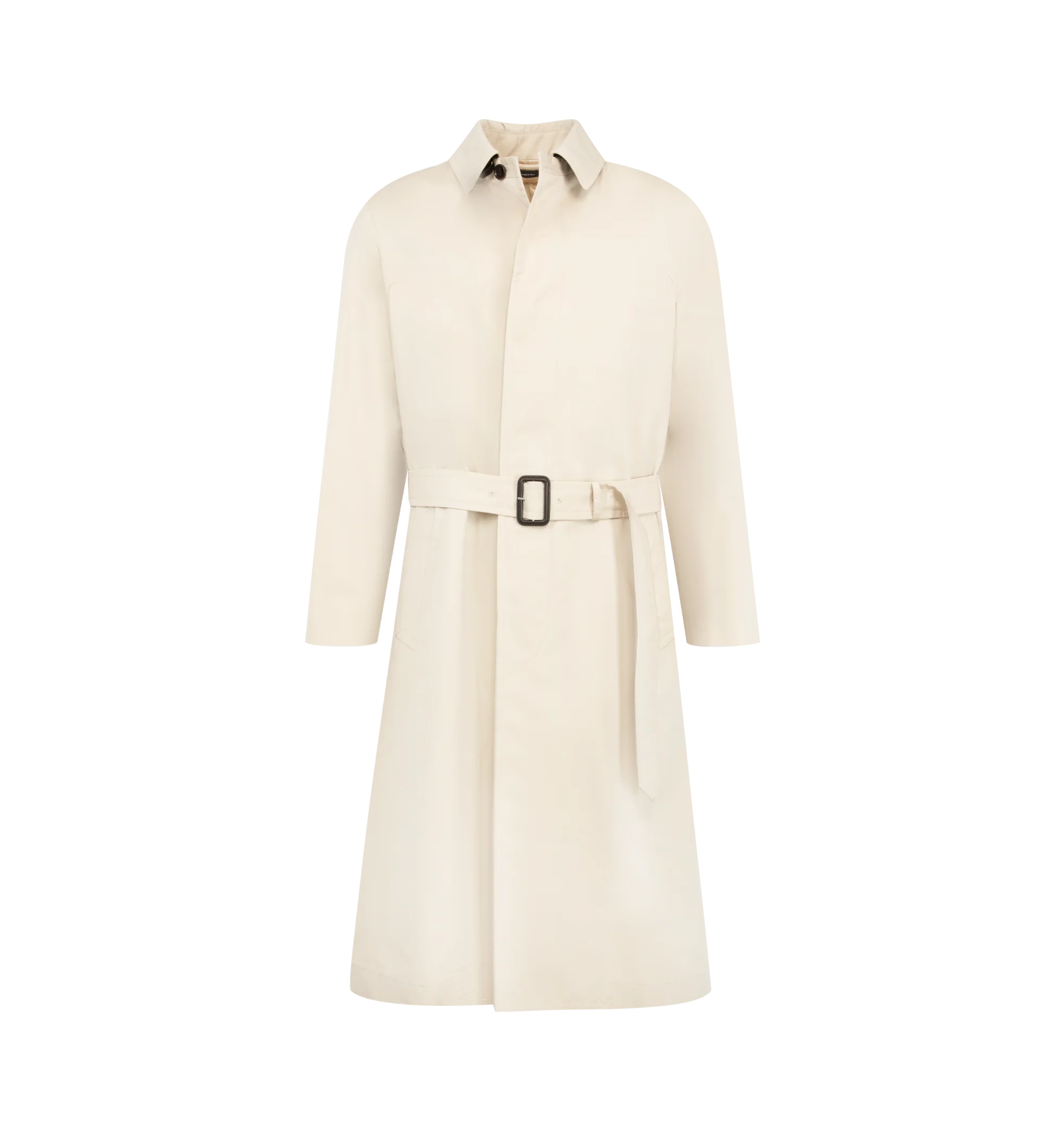 Image 1 of 3 - NEUTRAL - Tom Ford Men's Cotton and Silk Gabardine Trench Coat is crafted from a cotton and silk-blend gabardine and features a classic belted silhouette, black leather-trimmed throat latch, leather-covered belt buckle, and refined tailoring. This designer trench coat combines timeless outerwear styling with luxurious materials for elevated everyday and transitional wear. Main Material: Cotton and Silk-Blend Gabardine; Trim: Leather. Made in Italy.