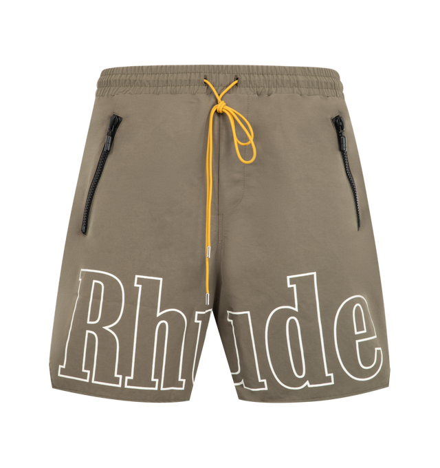 Image 1 of 3 - NEUTRAL - Rhude Mens Nylon Shorts are crafted from premium washed nylon. Feature logo print across the front legs, twin zip pockets with tonal Rhude Pill hardware, and extended drawstrings in signature mustard tone. Main Material: 100% Nylon. Made in the USA.
