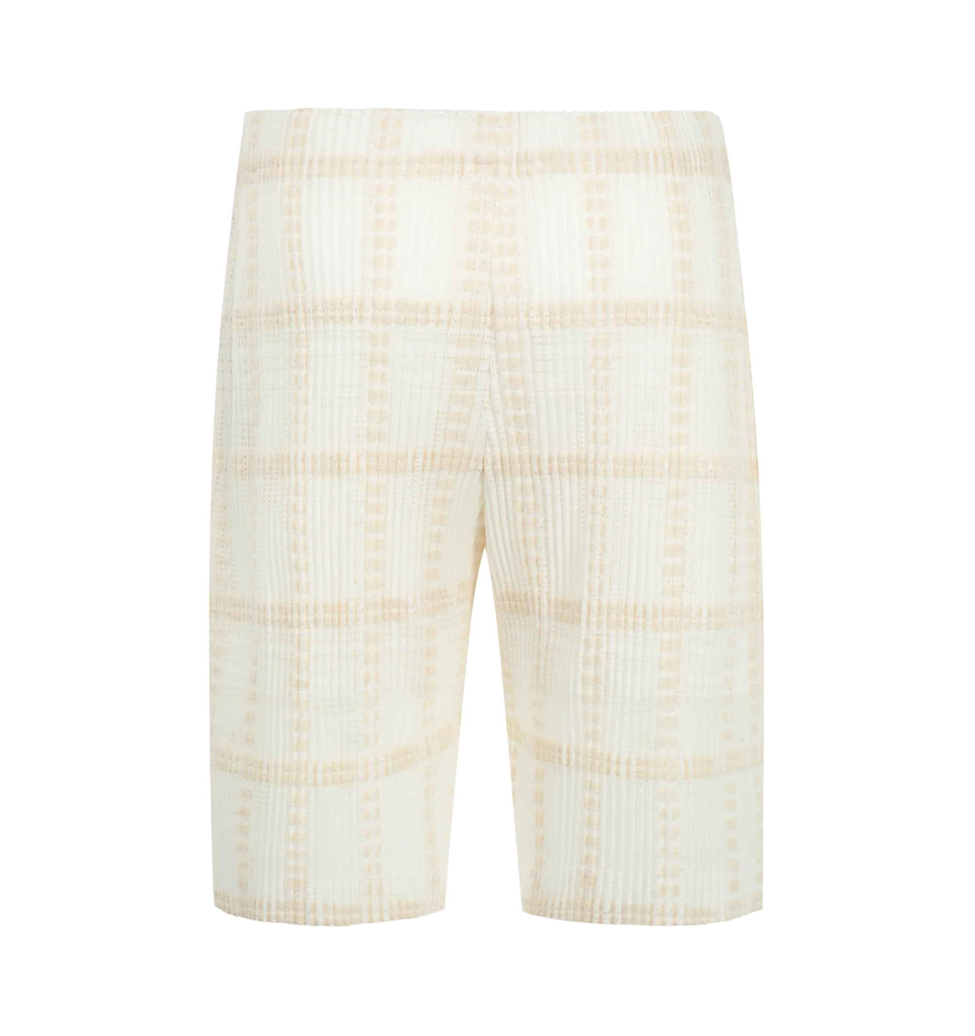 Image 2 of 3 - WHITE - Issey Miyake Men's Lace Grid Pleats Pants are crafted from a lightweight polyester and cotton blend and feature the house's signature pleated construction with a distinctive grid-inspired texture. Designed with an elasticated drawstring waistband for an adjustable fit, these designer pants are finished with a button-fly front and functional side pockets, combining innovative textile design with everyday comfort. Main Material: 75% Polyester, 25% Cotton. Waist: Elasticated with Drawstr