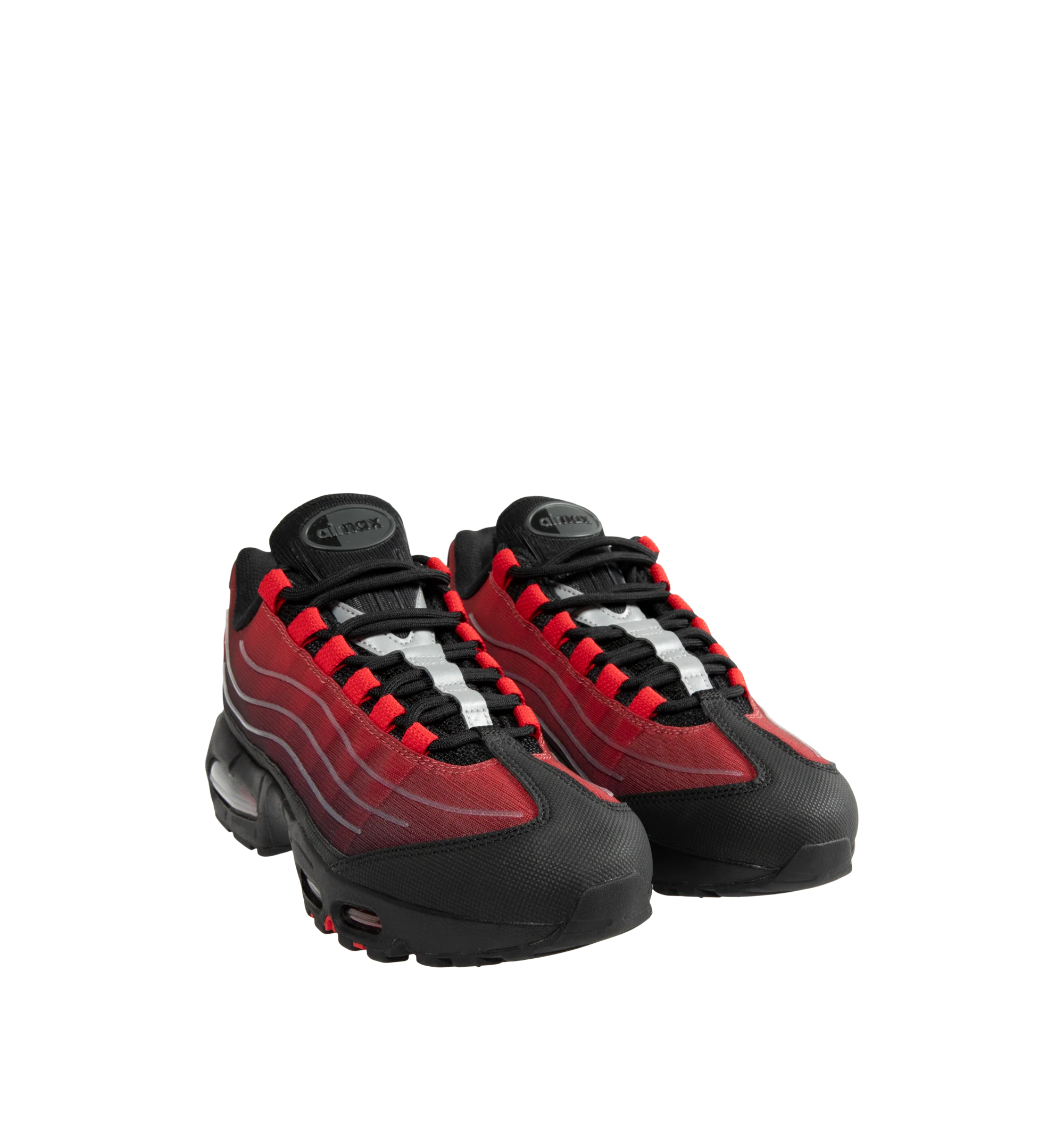 Image 2 of 5 - RED - Nike Men's Air Max 95 Big Bubble Sneaker featuring textile and synthetic leather, visible Max Air cushioning, flex grooves in the midsole and outsole, foam midsole and rubber outsole.