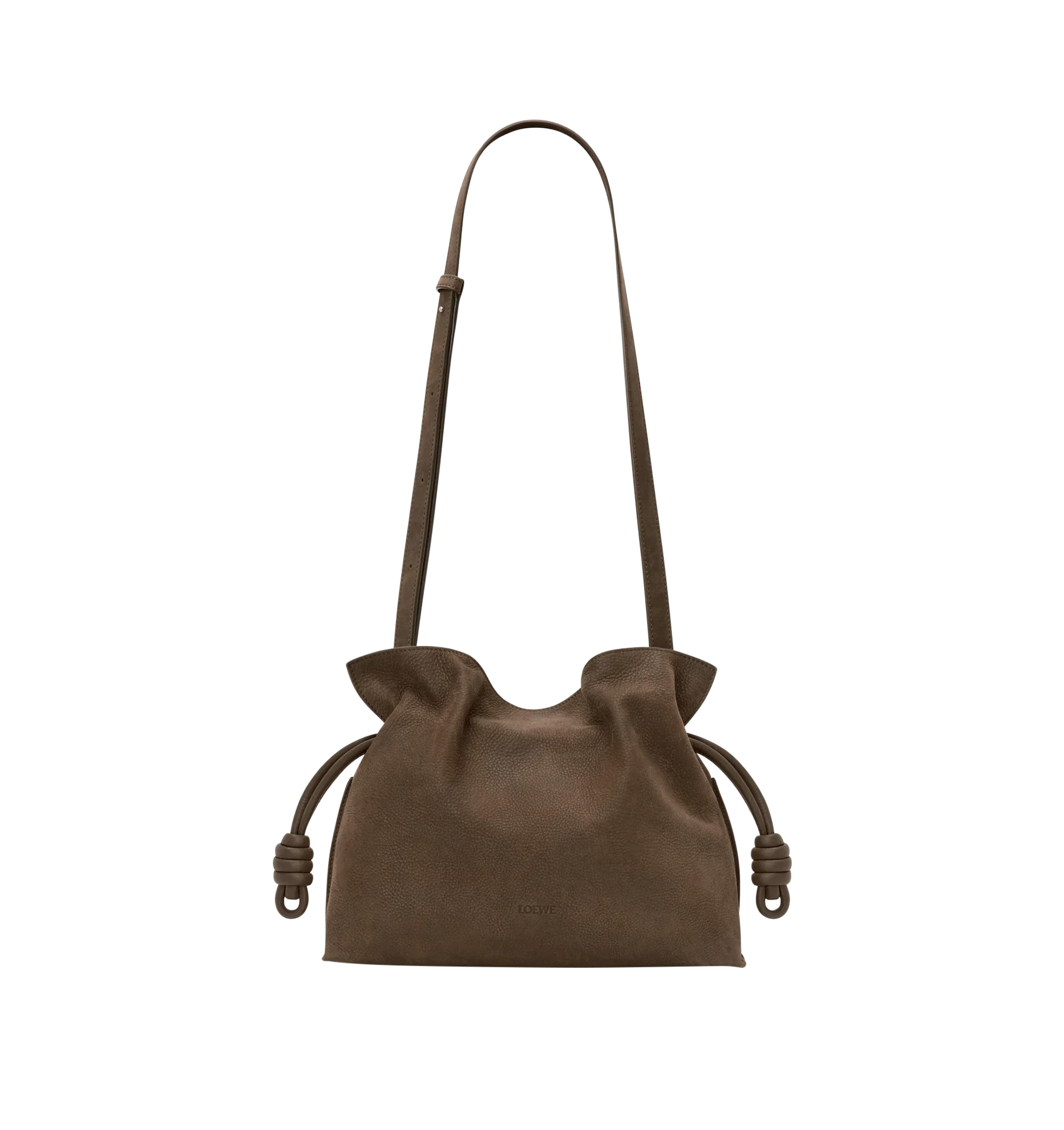 Image 3 of 4 - BROWN - Loewe Medium Flamenco Clutch is crafted from grained nubuck and features the brand's signature soft, slouchy silhouette with a cinched closure and iconic knot drawstrings. Designed for shoulder, crossbody, or hand carry with a detachable and adjustable strap, discreet magnetic closure, nappa lambskin lining, and embossed LOEWE logo. Main Material: Grained Nubuck. Lining: Nappa Lambskin. Dimensions: 30 cm W 24.5 cm H 10.5 cm D. Strap Length: 96-120 cm. Strap Drop: 38-44 cm. Weight: 0
