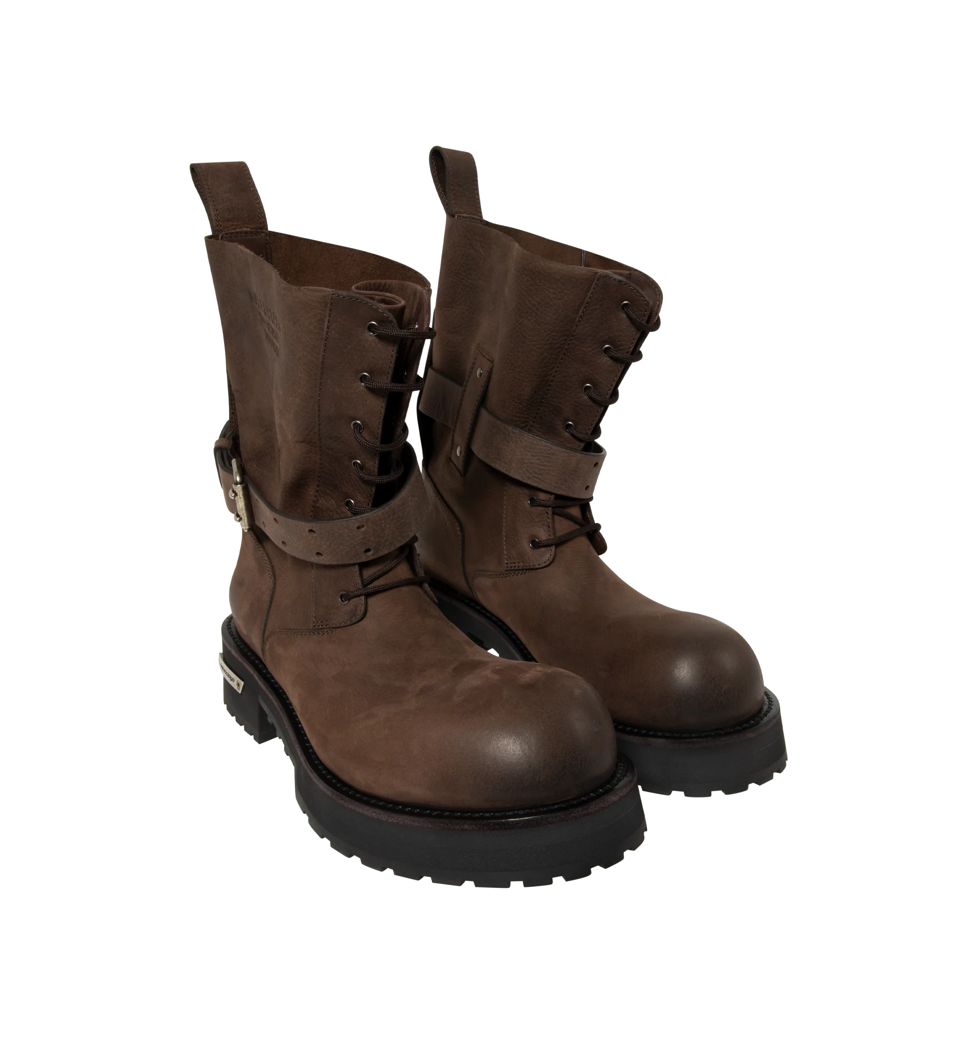 Image 2 of 4 - BROWN - Balenciaga Mens Venom Lace-Up Booties are crafted from grained calfskin leather. Feature a lace-up design, extra round toe, adjustable buckle strap, worn-in finish, debossed logo at the upper, engraved logo plate at the outsole, back pull loop, and thick toothed rubber sole. Main Material: Upper: Calfskin Leather; Sole: TPU; Insole: Calfskin Leather. Made in Italy.