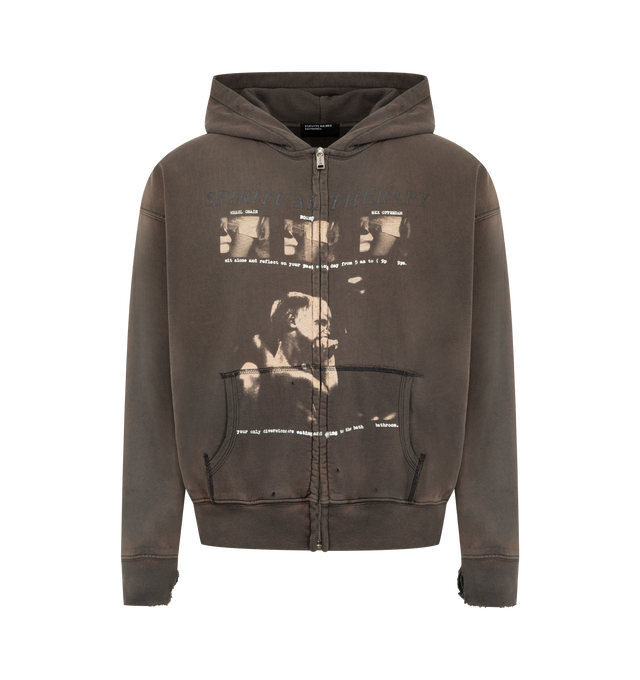 Image 1 of 2 - BLACK - Enfants Riches Deprimes Spiritual Therapy Zip-Up hooded sweatshirt crafted from mid-weight cotton fleece. Featuring a cropped length, drop-shoulder fit, double-layer hood, rib knit cuffs and waist, flatlock stitching detail on the kangaroo pocket, and monogram branded hardware. Vintage wash process and distressing throughout, and printed artwork at the front, over seams. Made in USA.